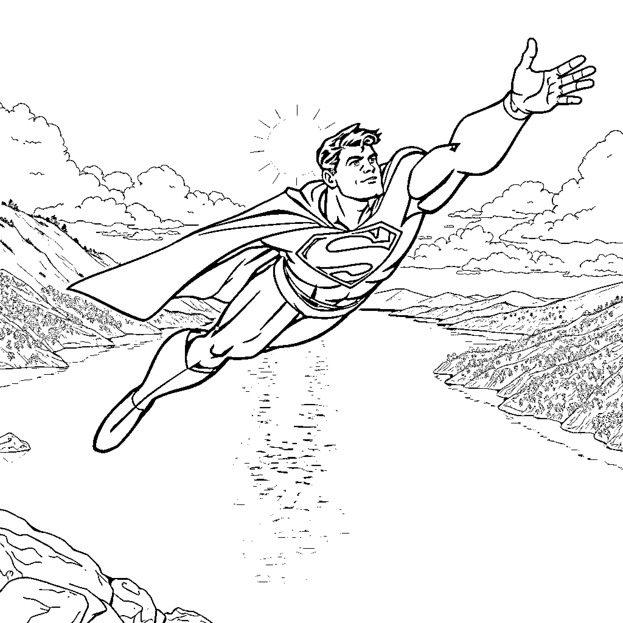 Superman soaring heroically through the sky Coloring Page (free black-and-white line drawing printable PDF for all, from beginners to advanced learners, including children, teens, adults, and seniors)