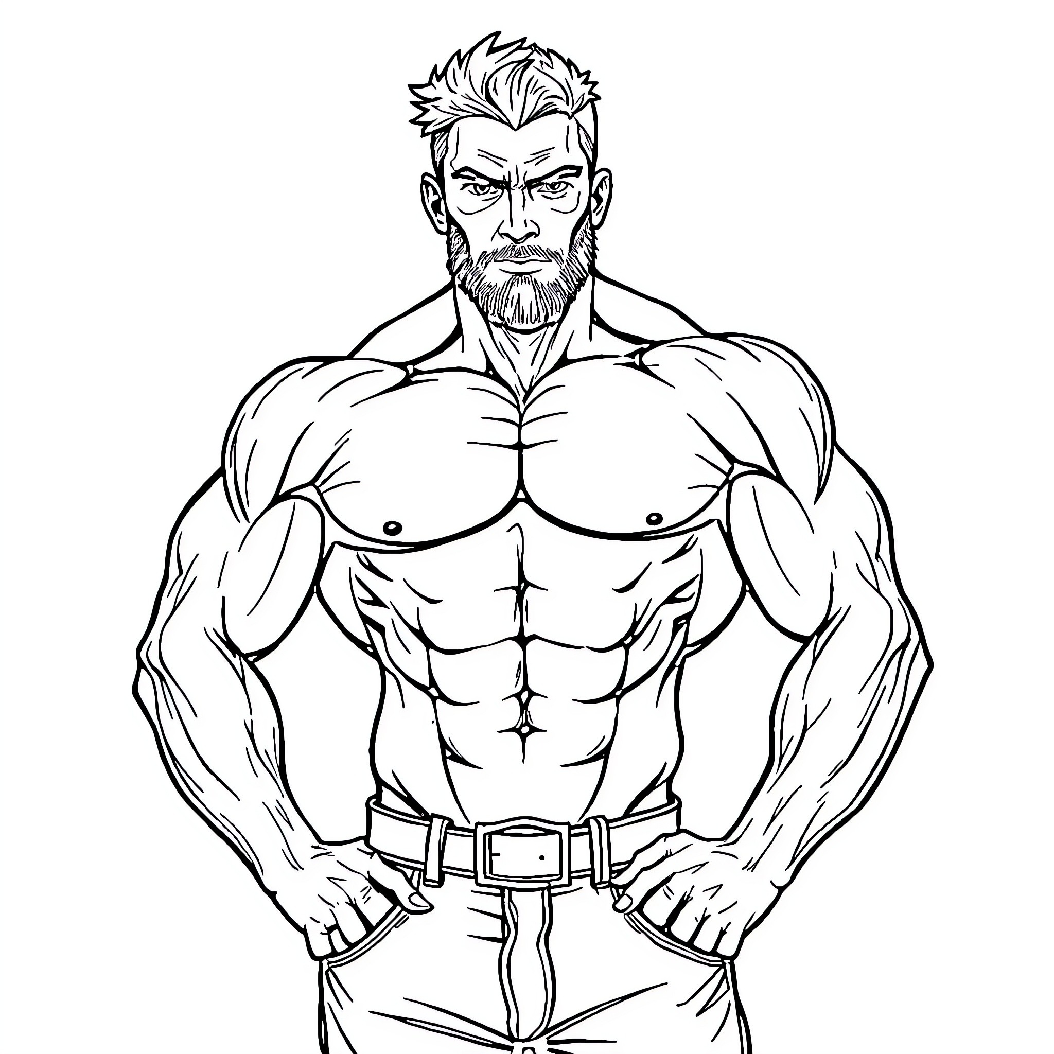 Man displaying muscular physique and confident stance Coloring Page (free black-and-white line drawing printable PDF for all, from beginners to advanced learners, including children, teens, adults, and seniors)