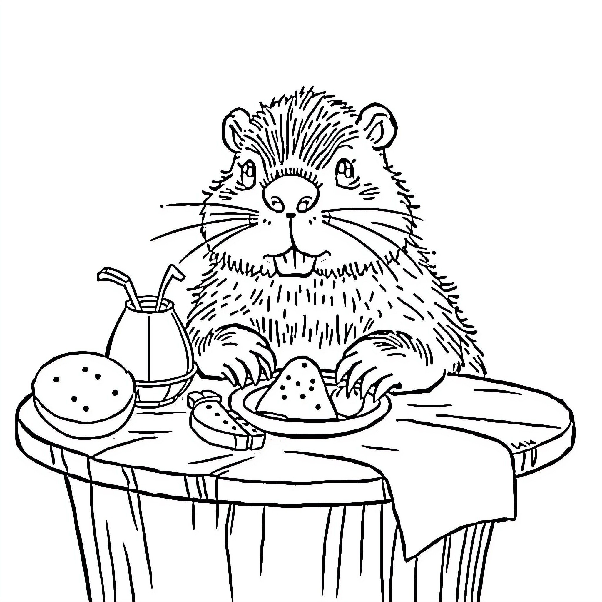 Capybara enjoying a tasty meal at the table Coloring Page (free black-and-white line drawing printable PDF for all, from beginners to advanced learners, including children, teens, adults, and seniors)