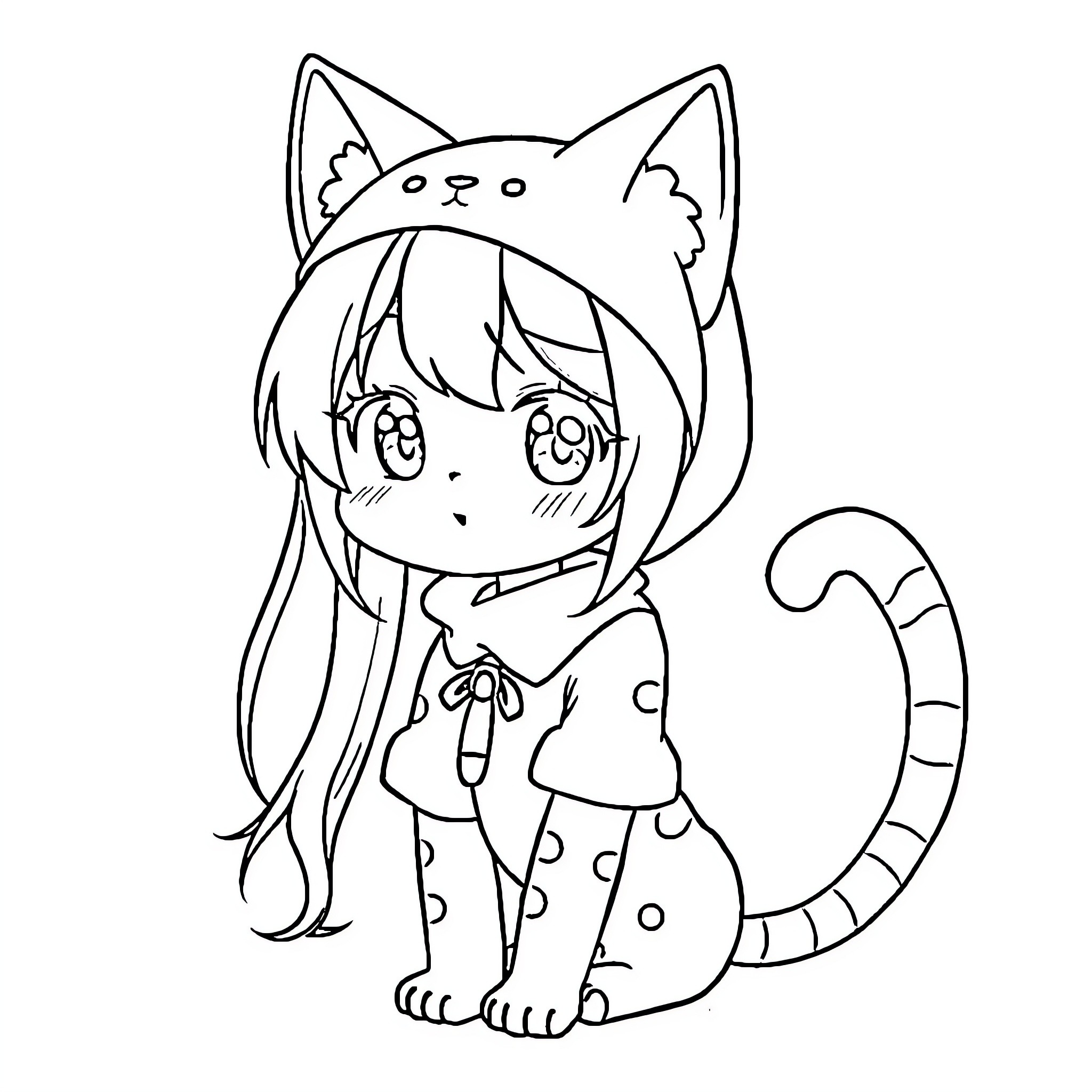 Miku as a Cute Catgirl Coloring Page (free black-and-white line drawing printable PDF for all, from beginners to advanced learners, including children, teens, adults, and seniors)