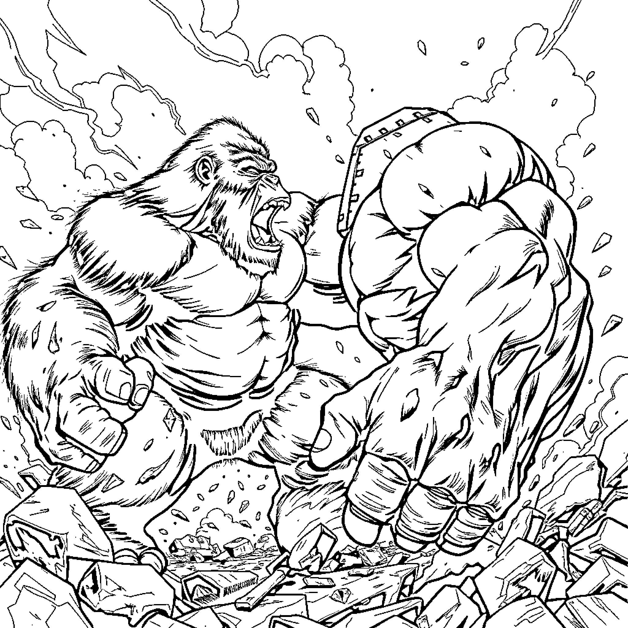 Gorilla battling fiercely in the midst of destruction Coloring Page (free black-and-white line drawing printable PDF for all, from beginners to advanced learners, including children, teens, adults, and seniors)