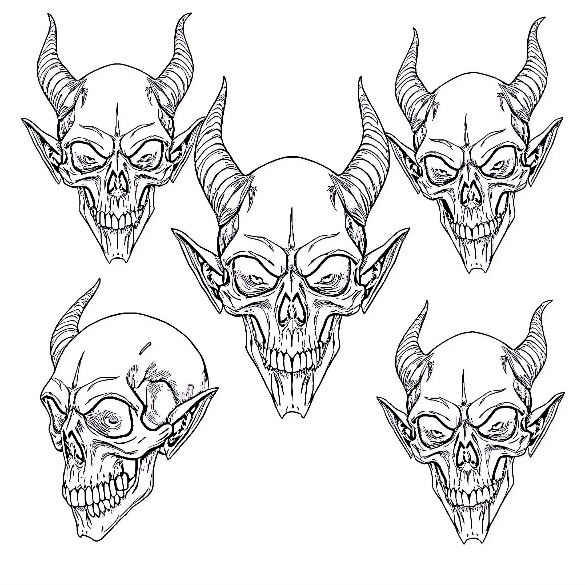 Elf Skulls with Horns and Sinister Expressions Coloring Page (free black-and-white line drawing printable PDF for all, from beginners to advanced learners, including children, teens, adults, and seniors)