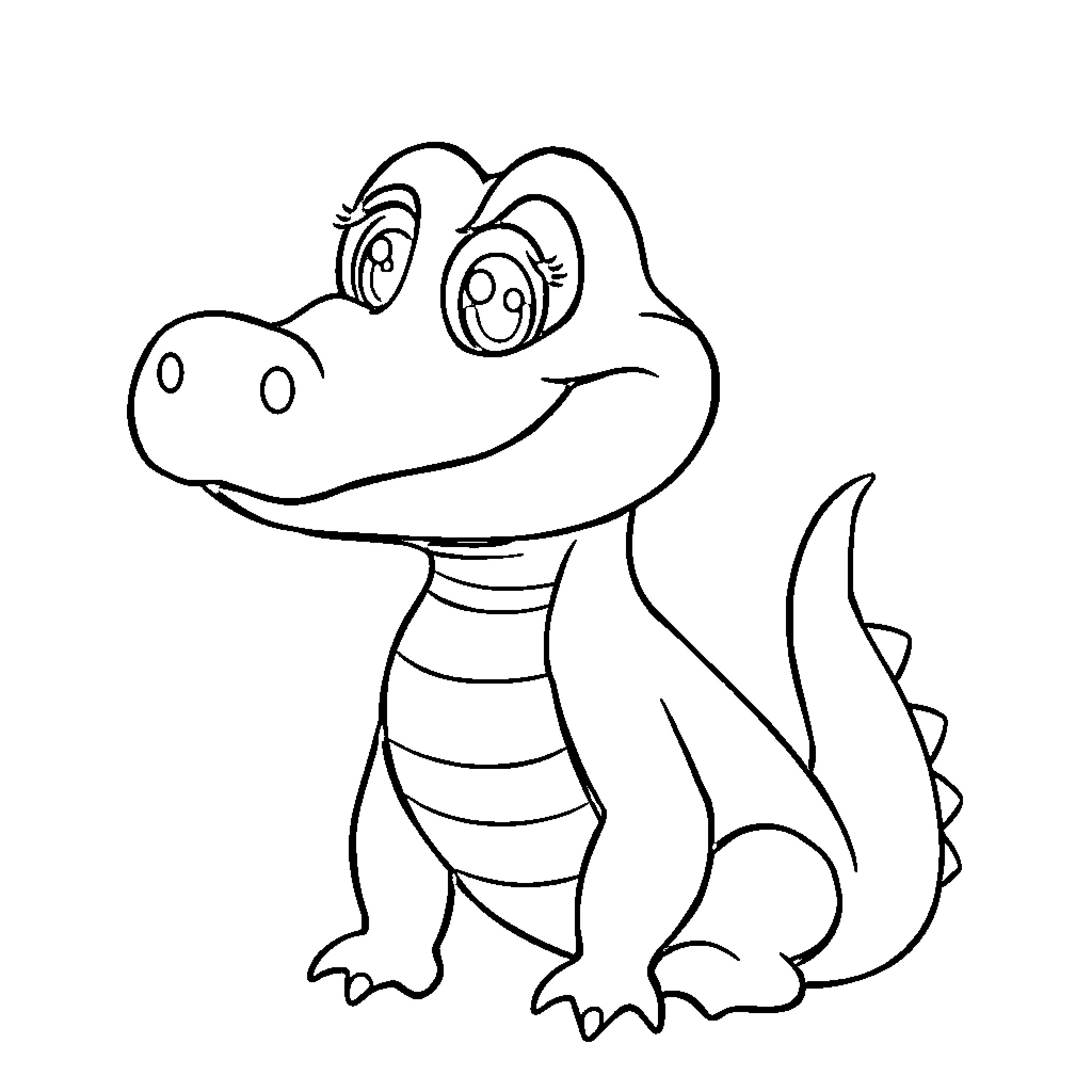 Alligator character in a simple sketch Coloring Page (free black-and-white line drawing printable PDF for all, from beginners to advanced learners, including children, teens, adults, and seniors)
