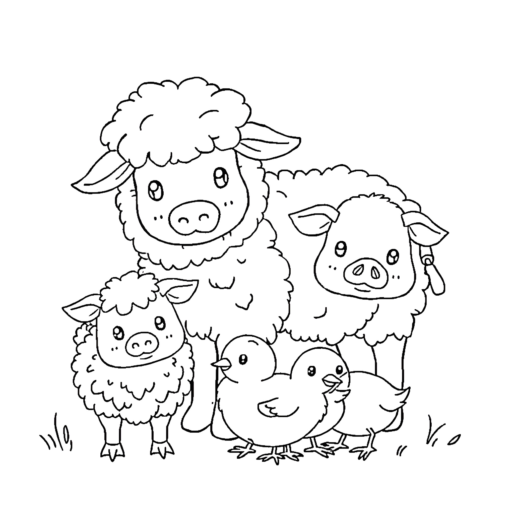 Farm Animal Family Enjoying Outdoor Scene Coloring Page (free black-and-white line drawing printable PDF for all, from beginners to advanced learners, including children, teens, adults, and seniors)