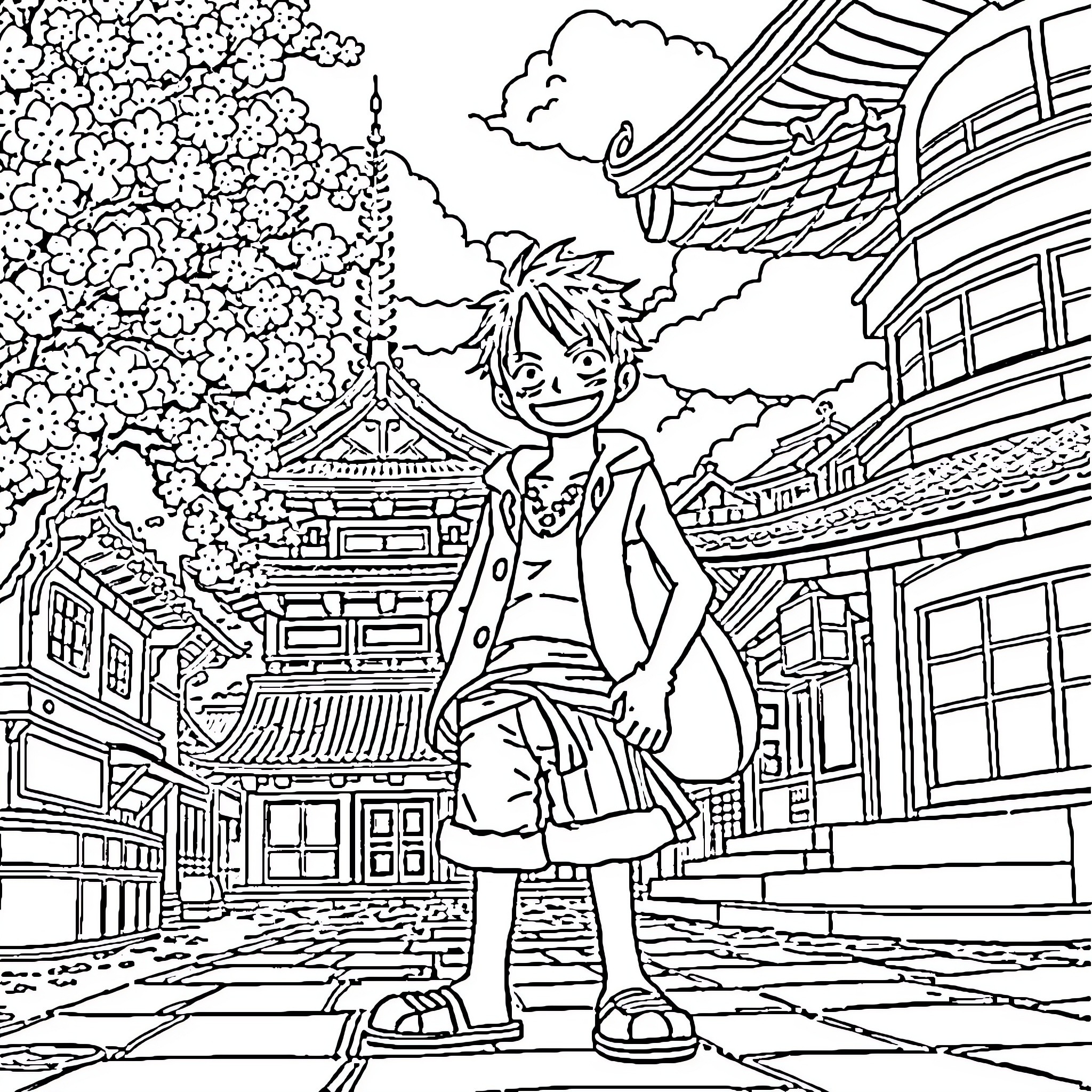 Luffy exploring the traditional Japanese town Coloring Page (free black-and-white line drawing printable PDF for all, from beginners to advanced learners, including children, teens, adults, and seniors)