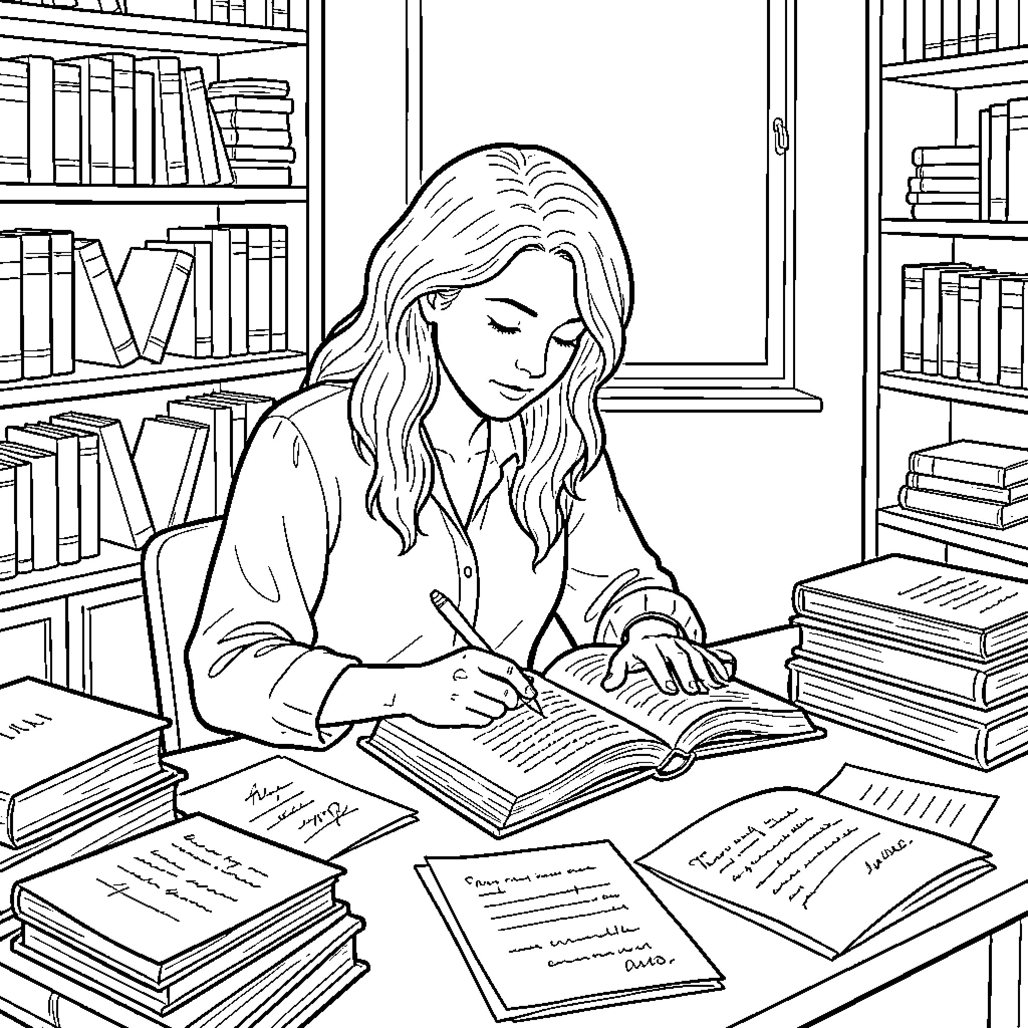 Escritora concentrada escribiendo en su cuaderno sobre el escritorio Coloring Page (free black-and-white line drawing printable PDF for all, from beginners to advanced learners, including children, teens, adults, and seniors)