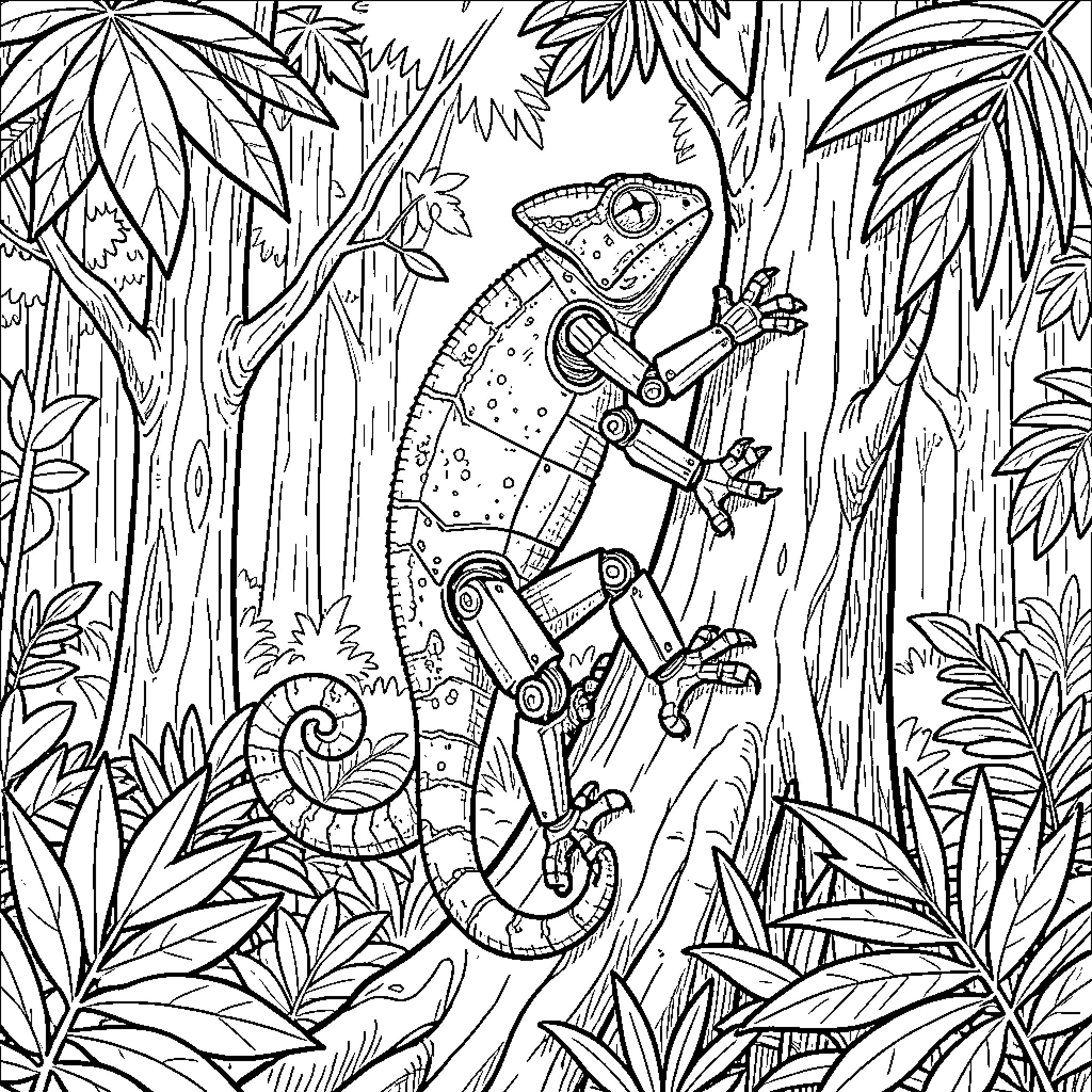 Robot chameleon climbing a tree in a dense jungle Coloring Page (free black-and-white line drawing printable PDF for all, from beginners to advanced learners, including children, teens, adults, and seniors)