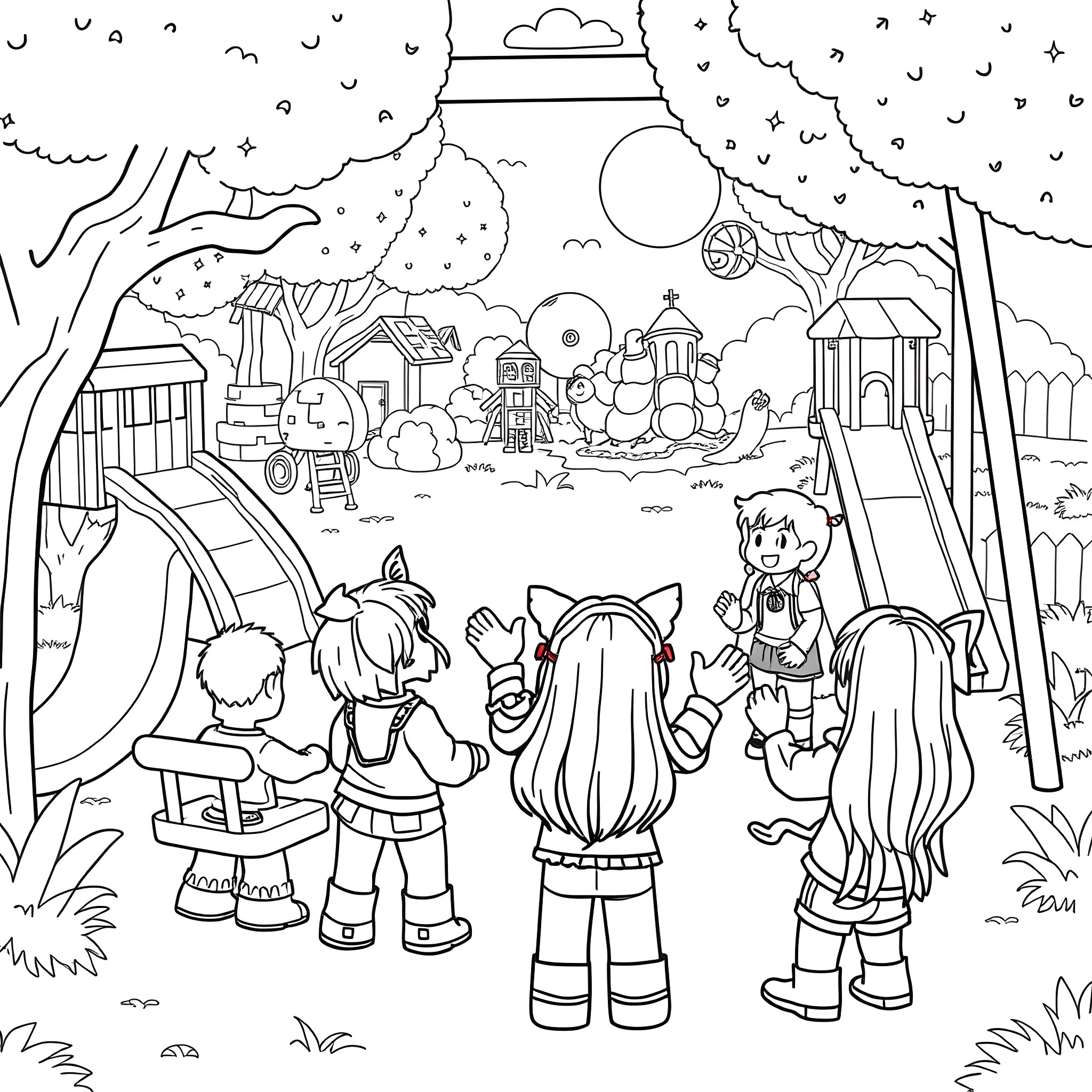 Kuromi and friends in a whimsical outdoor scene Coloring Page (free black-and-white line drawing printable PDF for all, from beginners to advanced learners, including children, teens, adults, and seniors)