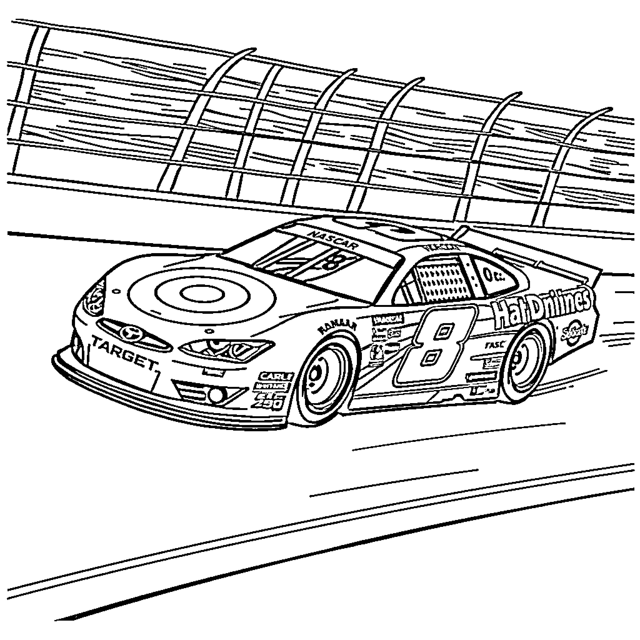 Nascar race car speeding on the track Coloring Page (free black-and-white line drawing printable PDF for all, from beginners to advanced learners, including children, teens, adults, and seniors)