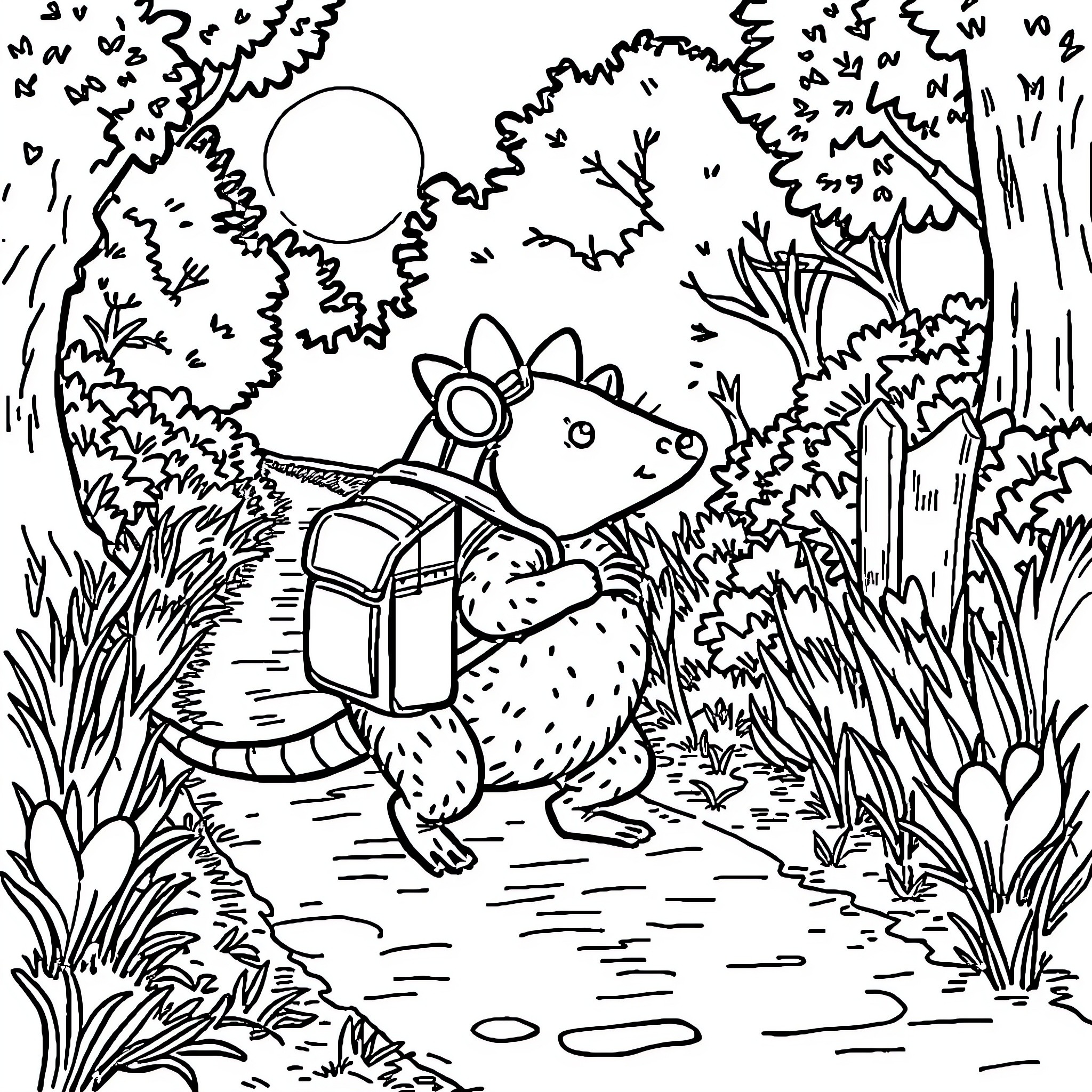 Armadillo Exploring the Enchanted Forest Coloring Page (free black-and-white line drawing printable PDF for all, from beginners to advanced learners, including children, teens, adults, and seniors)