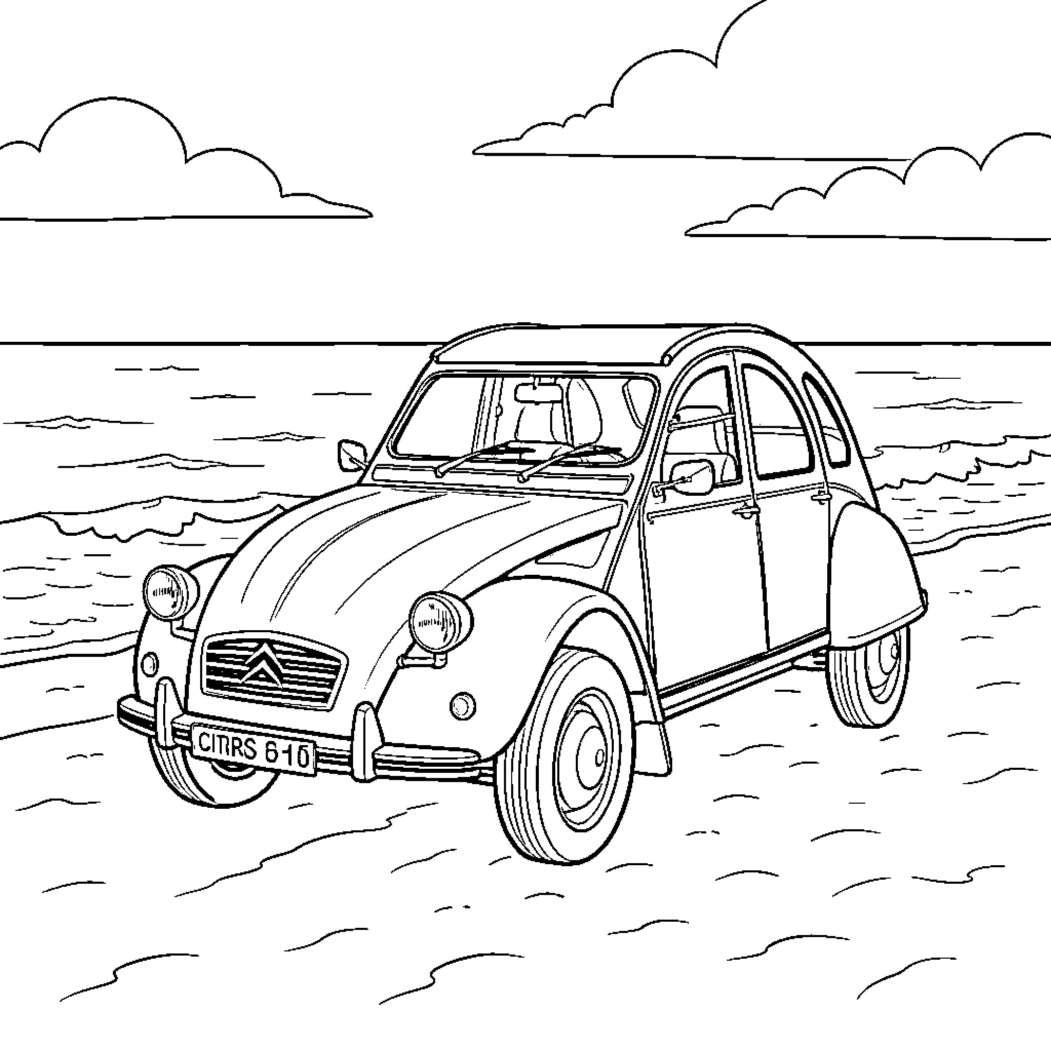 Citroen 2CV parked on a sandy beach Coloring Page (free black-and-white line drawing printable PDF for all, from beginners to advanced learners, including children, teens, adults, and seniors)
