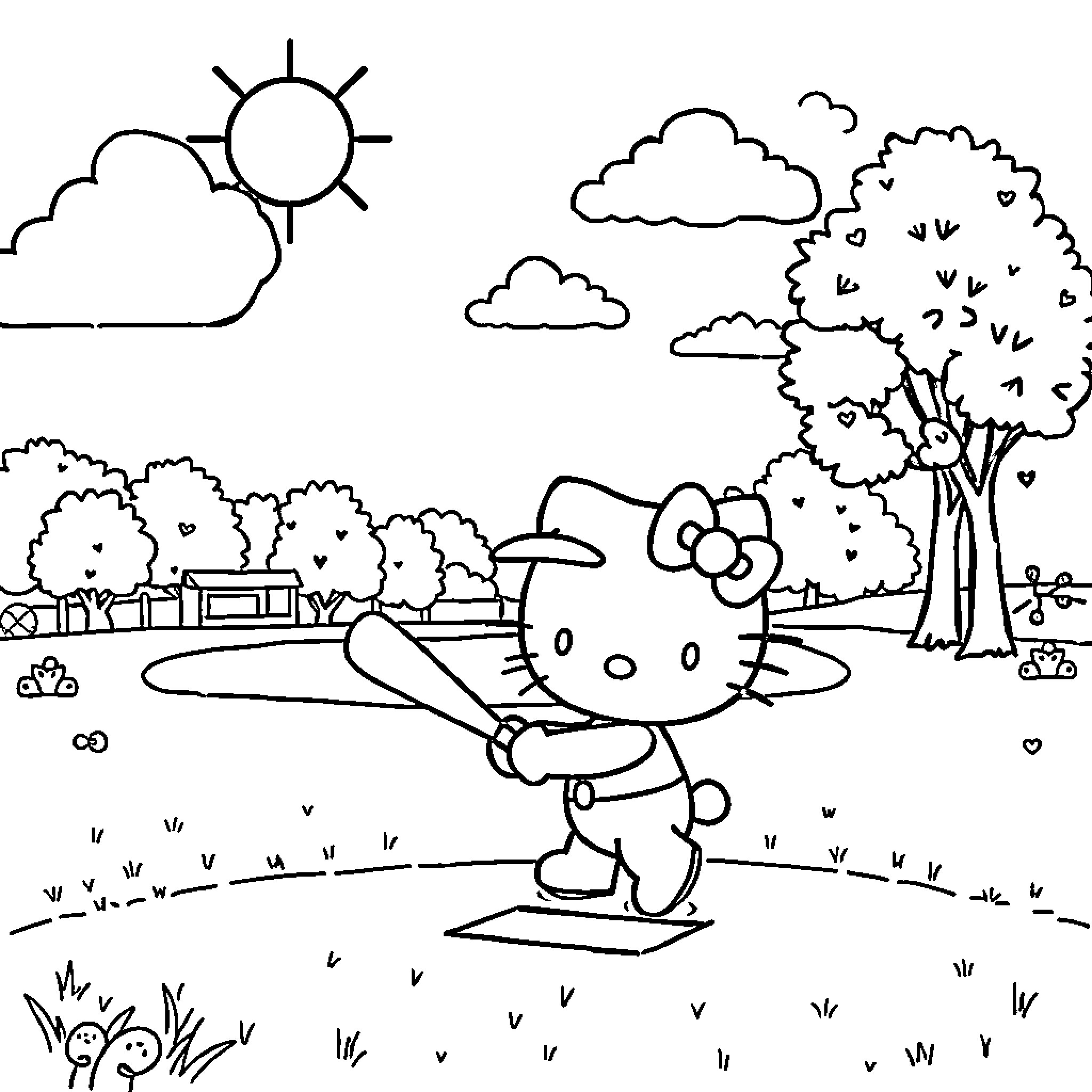 Hello Kitty exploring a scenic outdoor landscape Coloring Page (free black-and-white line drawing printable PDF for all, from beginners to advanced learners, including children, teens, adults, and seniors)