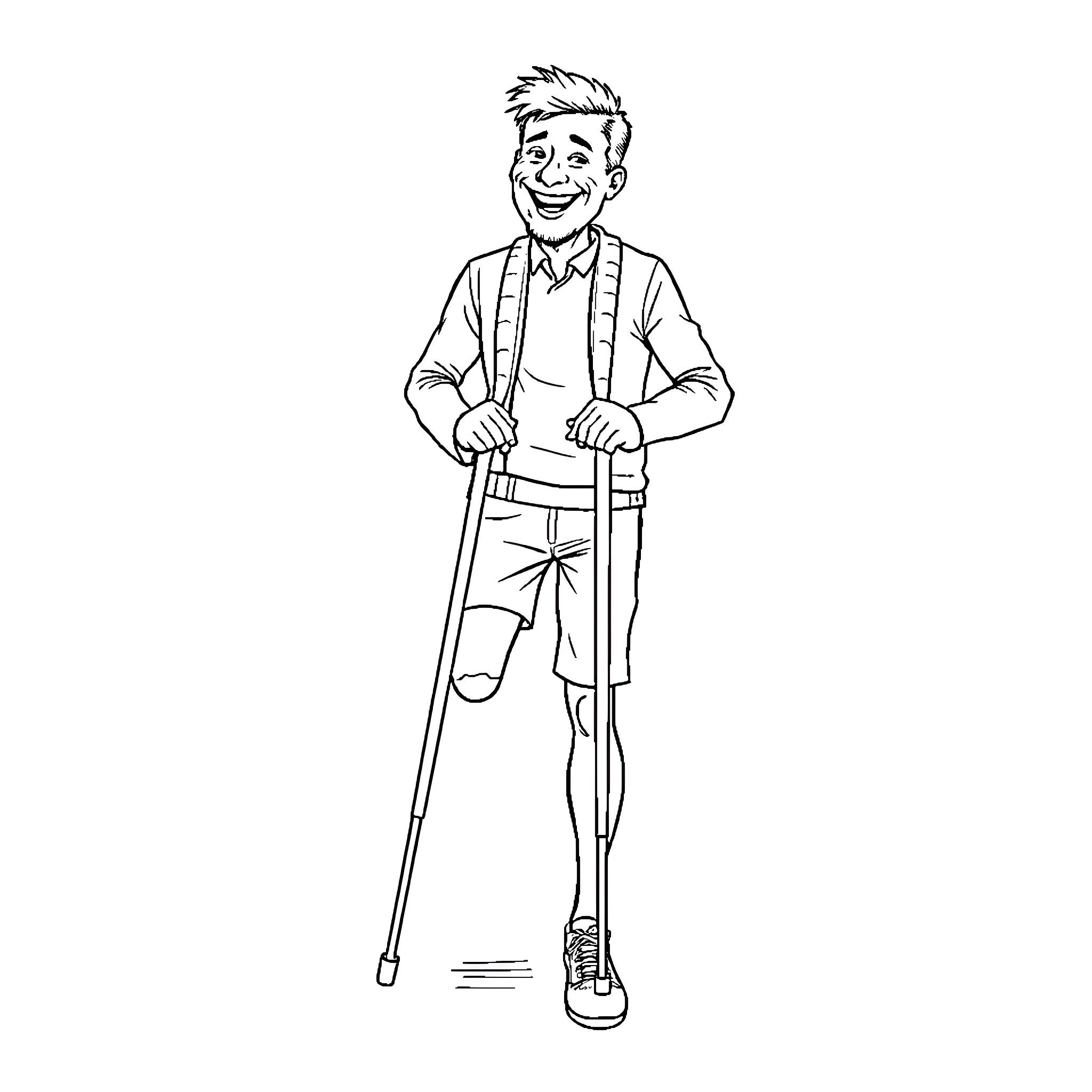 Richard's Cheerful Stroll with Crutches Coloring Page (free black-and-white line drawing printable PDF for all, from beginners to advanced learners, including children, teens, adults, and seniors)