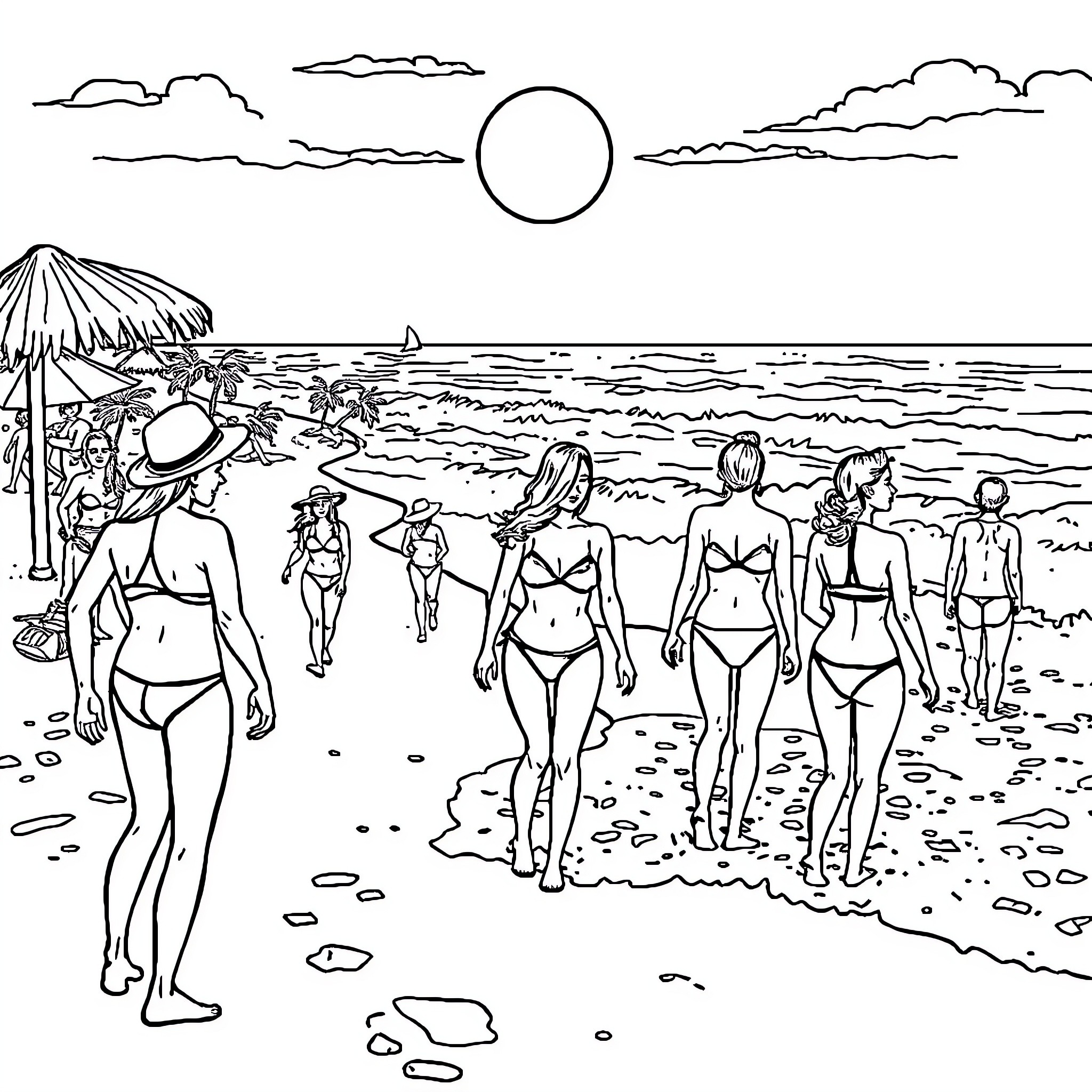 Bikini-clad individuals enjoying a day at the beach Coloring Page (free black-and-white line drawing printable PDF for all, from beginners to advanced learners, including children, teens, adults, and seniors)