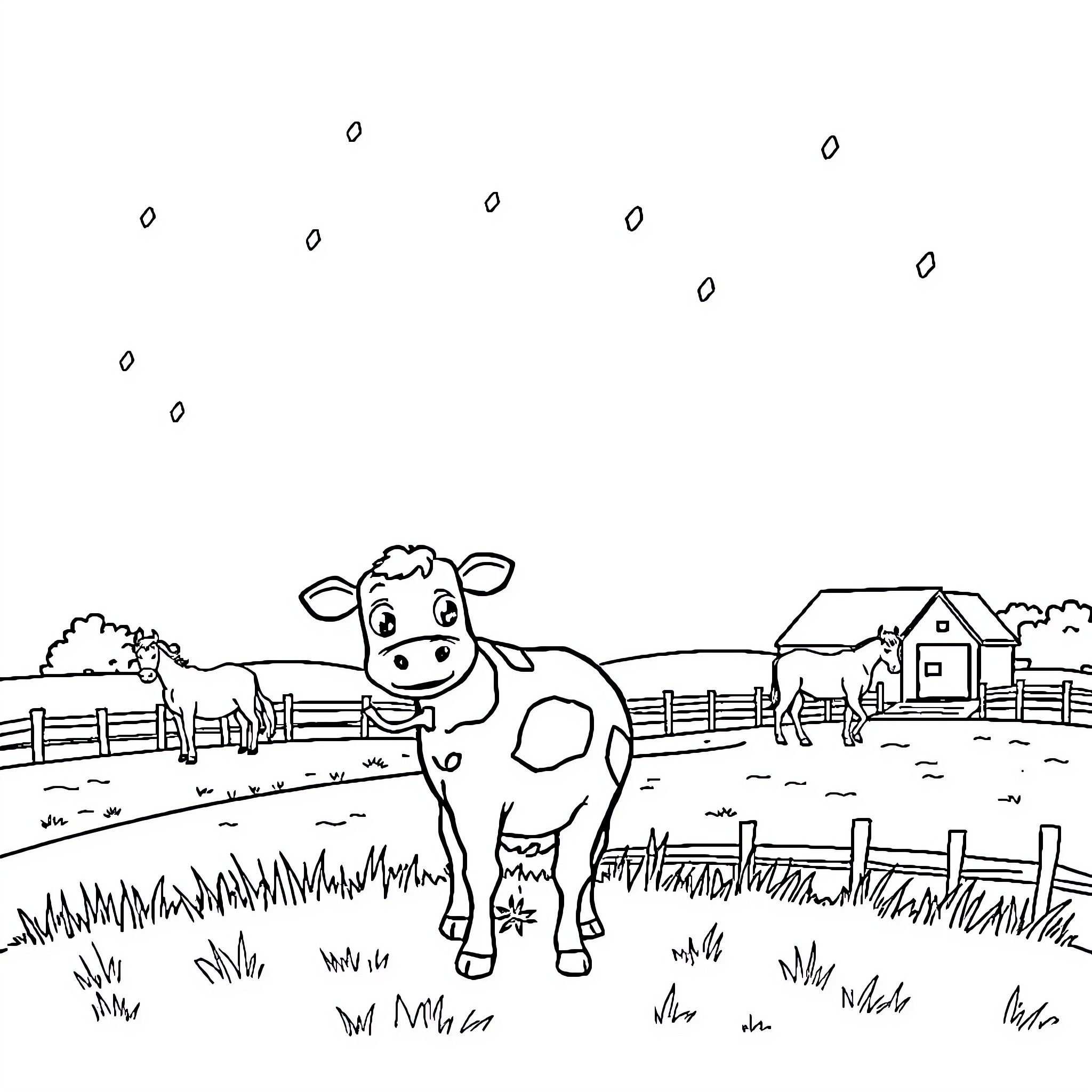 Cow standing in a farm field Coloring Page (free black-and-white line drawing printable PDF for all, from beginners to advanced learners, including children, teens, adults, and seniors)