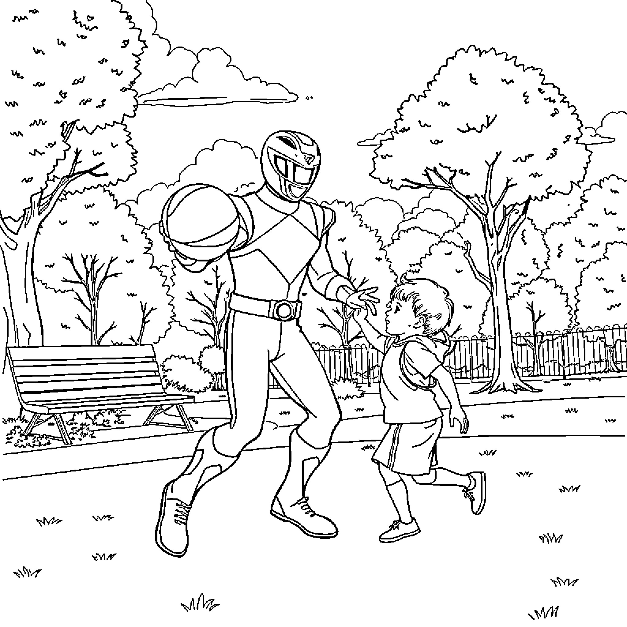 Power Ranger with Child in Outdoor Park Coloring Page (free black-and-white line drawing printable PDF for all, from beginners to advanced learners, including children, teens, adults, and seniors)