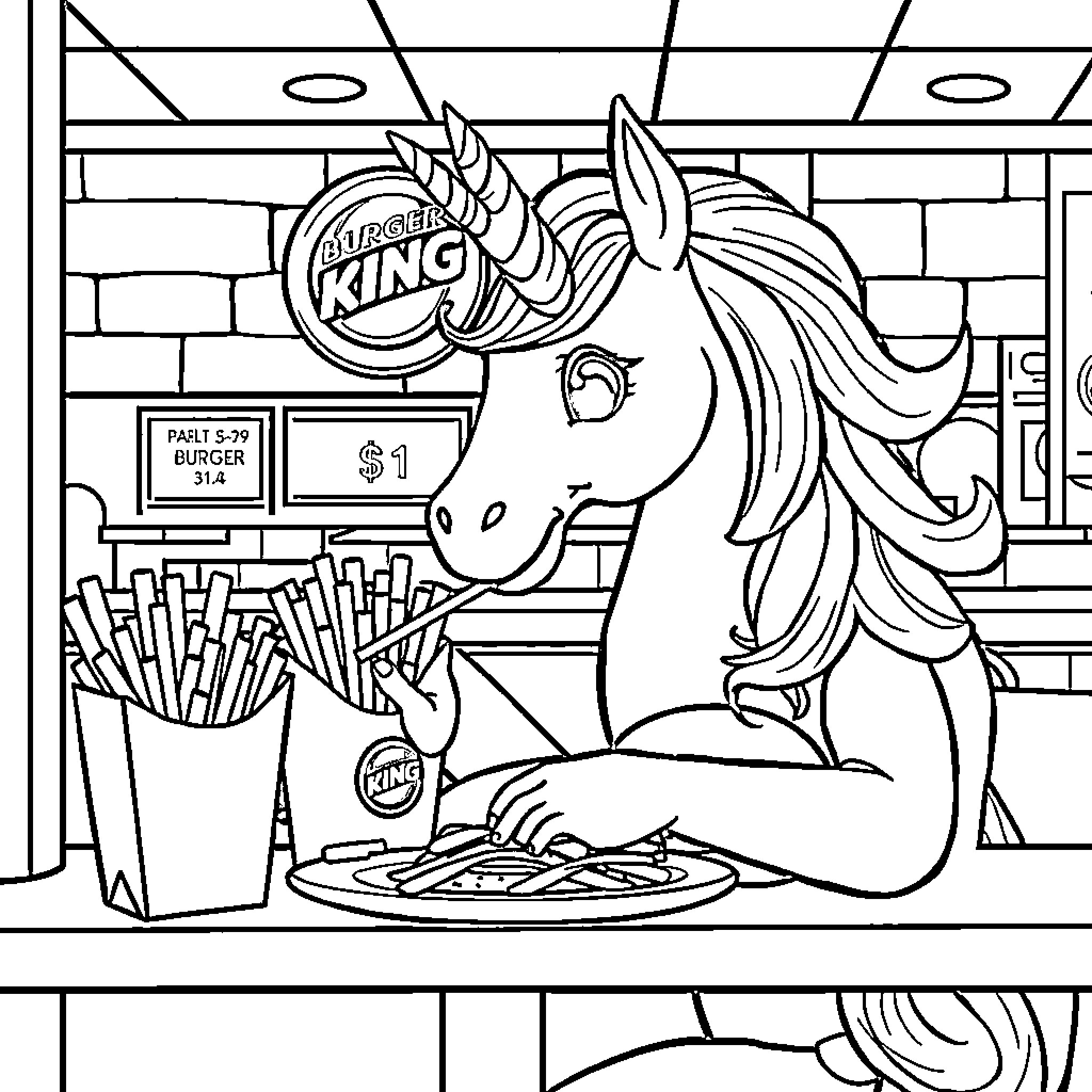 Unicorn Enjoys a Burger and Fries at the Fast Food Joint Coloring Page (free black-and-white line drawing printable PDF for all, from beginners to advanced learners, including children, teens, adults, and seniors)
