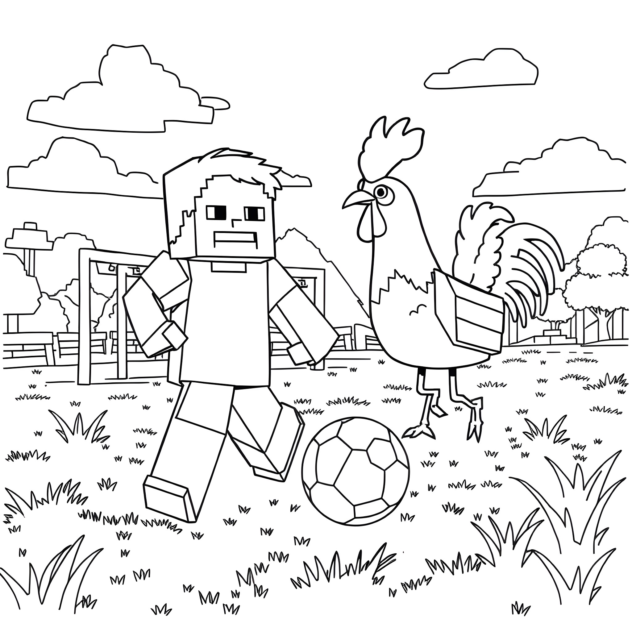 Minecraft Steve playing with a rooster and a soccer ball Coloring Page (free black-and-white line drawing printable PDF for all, from beginners to advanced learners, including children, teens, adults, and seniors)