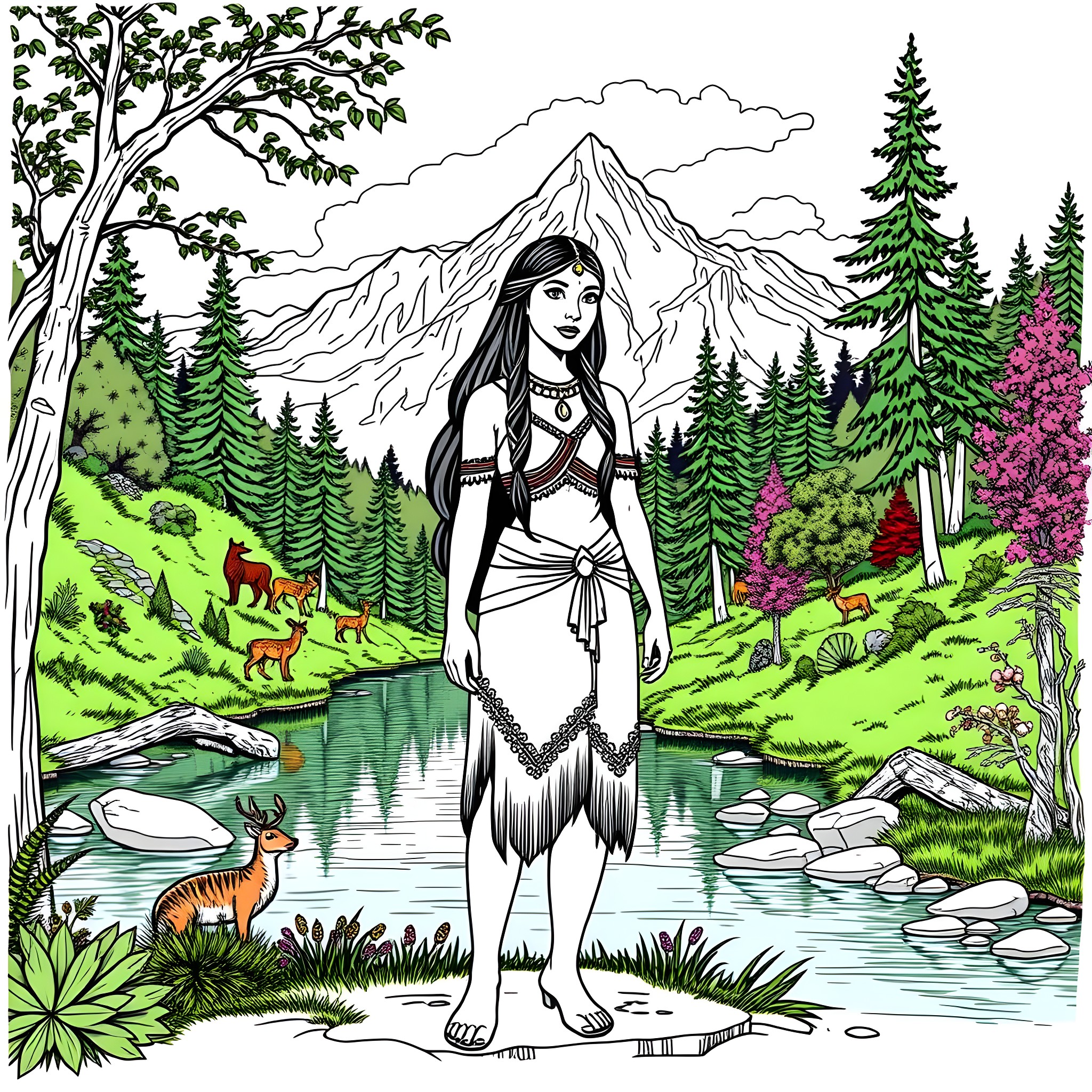 Pocahontas in a serene forest landscape Coloring Page (free black-and-white line drawing printable PDF for all, from beginners to advanced learners, including children, teens, adults, and seniors)