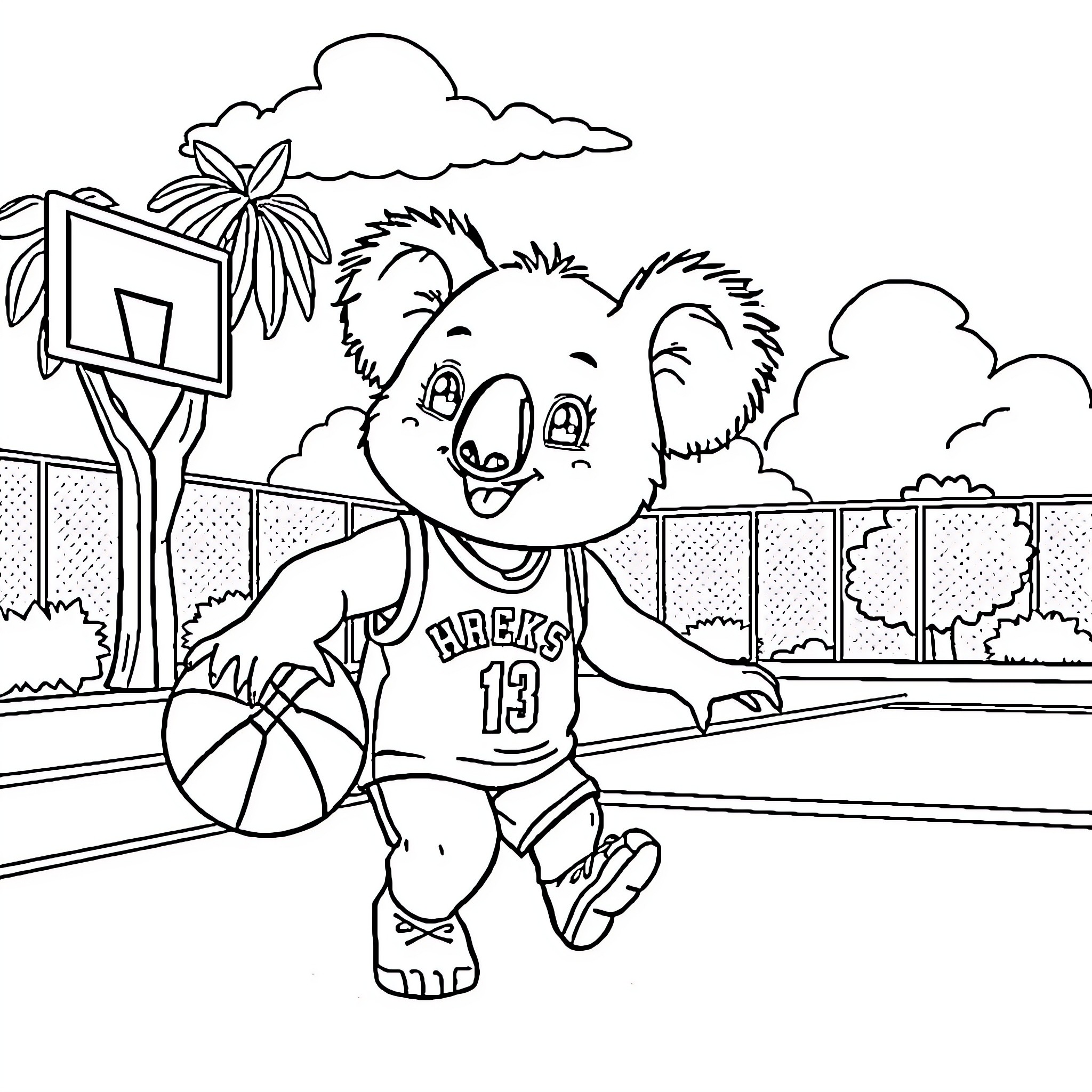 Koala playing basketball on the court Coloring Page (free black-and-white line drawing printable PDF for all, from beginners to advanced learners, including children, teens, adults, and seniors)