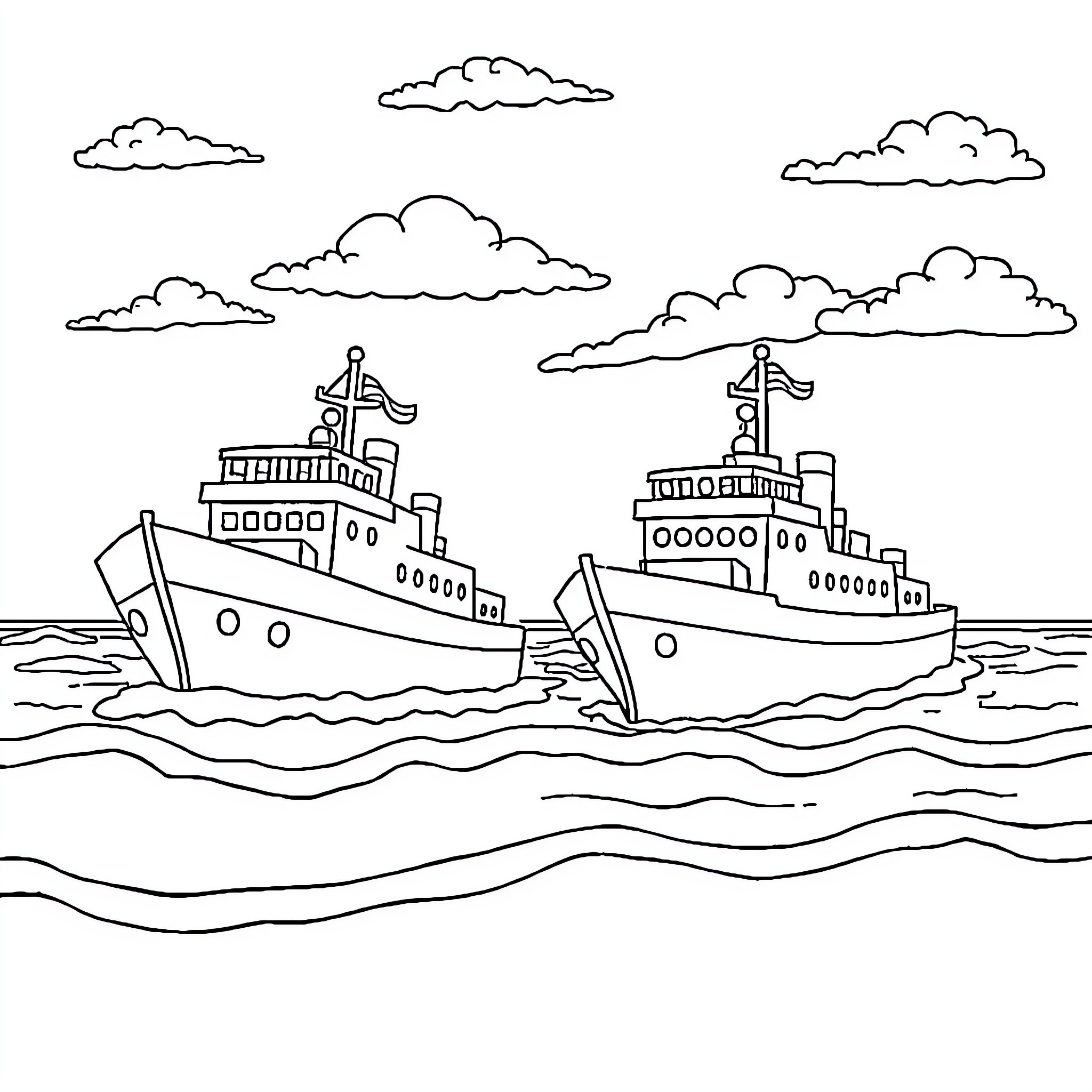 Ships sailing on the open sea Coloring Page (free black-and-white line drawing printable PDF for all, from beginners to advanced learners, including children, teens, adults, and seniors)