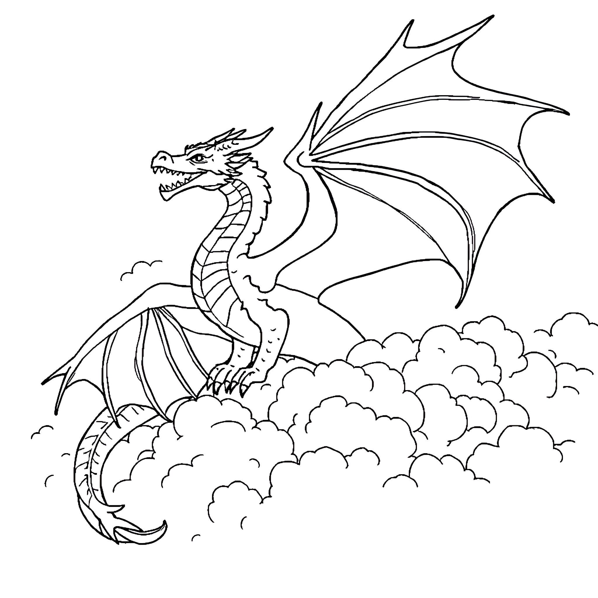 Dragon soaring through the cloudy skies Coloring Page (free black-and-white line drawing printable PDF for all, from beginners to advanced learners, including children, teens, adults, and seniors)