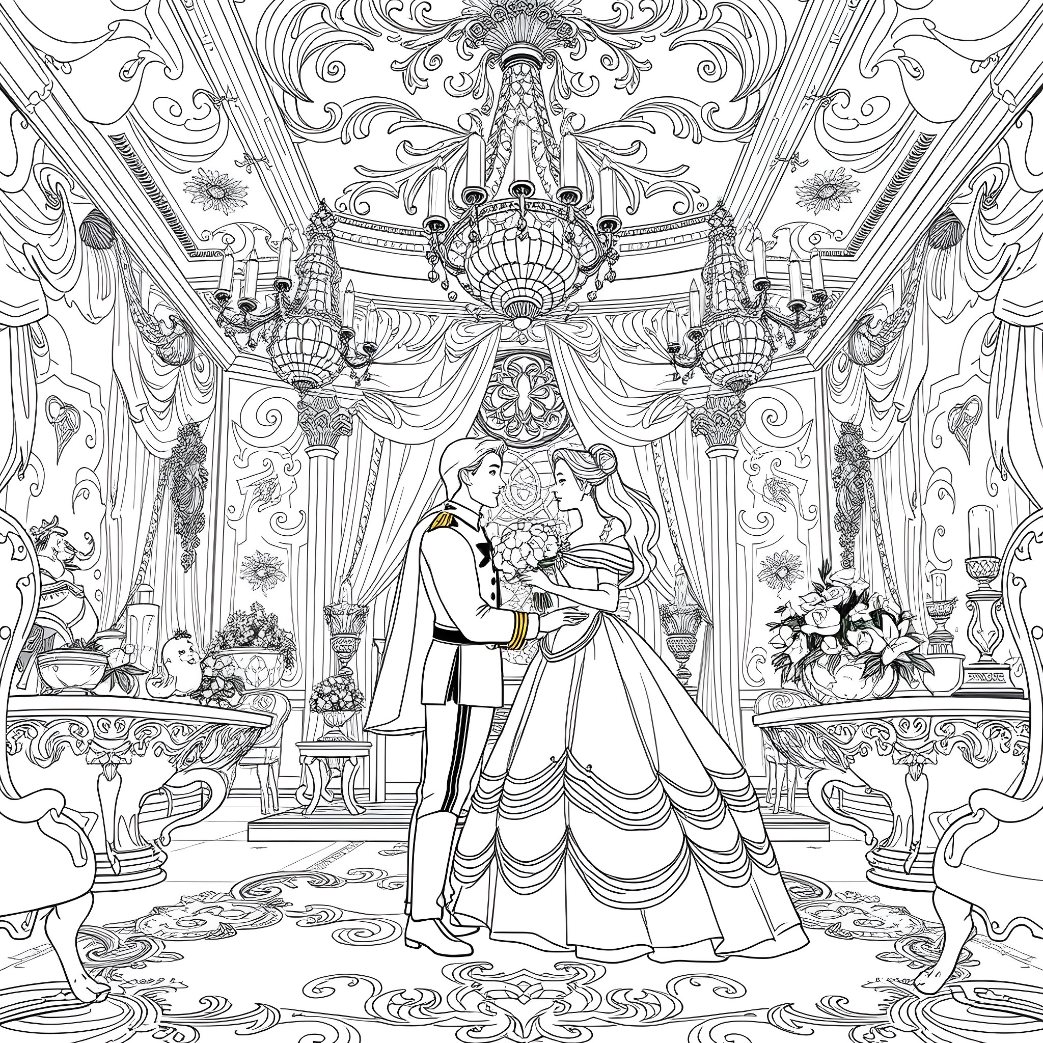 Belle's Elegant Ballroom Dance in a Lavish Setting Coloring Page (free black-and-white line drawing printable PDF for all, from beginners to advanced learners, including children, teens, adults, and seniors)