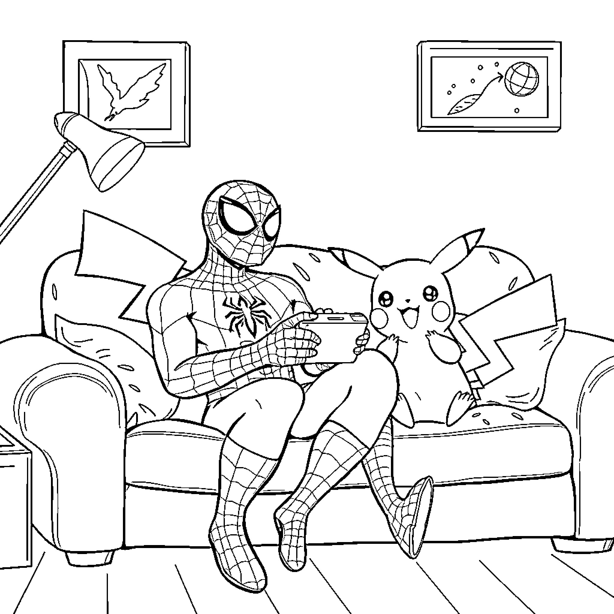 Spiderman relaxing with Pikachu on the couch Coloring Page (free black-and-white line drawing printable PDF for all, from beginners to advanced learners, including children, teens, adults, and seniors)