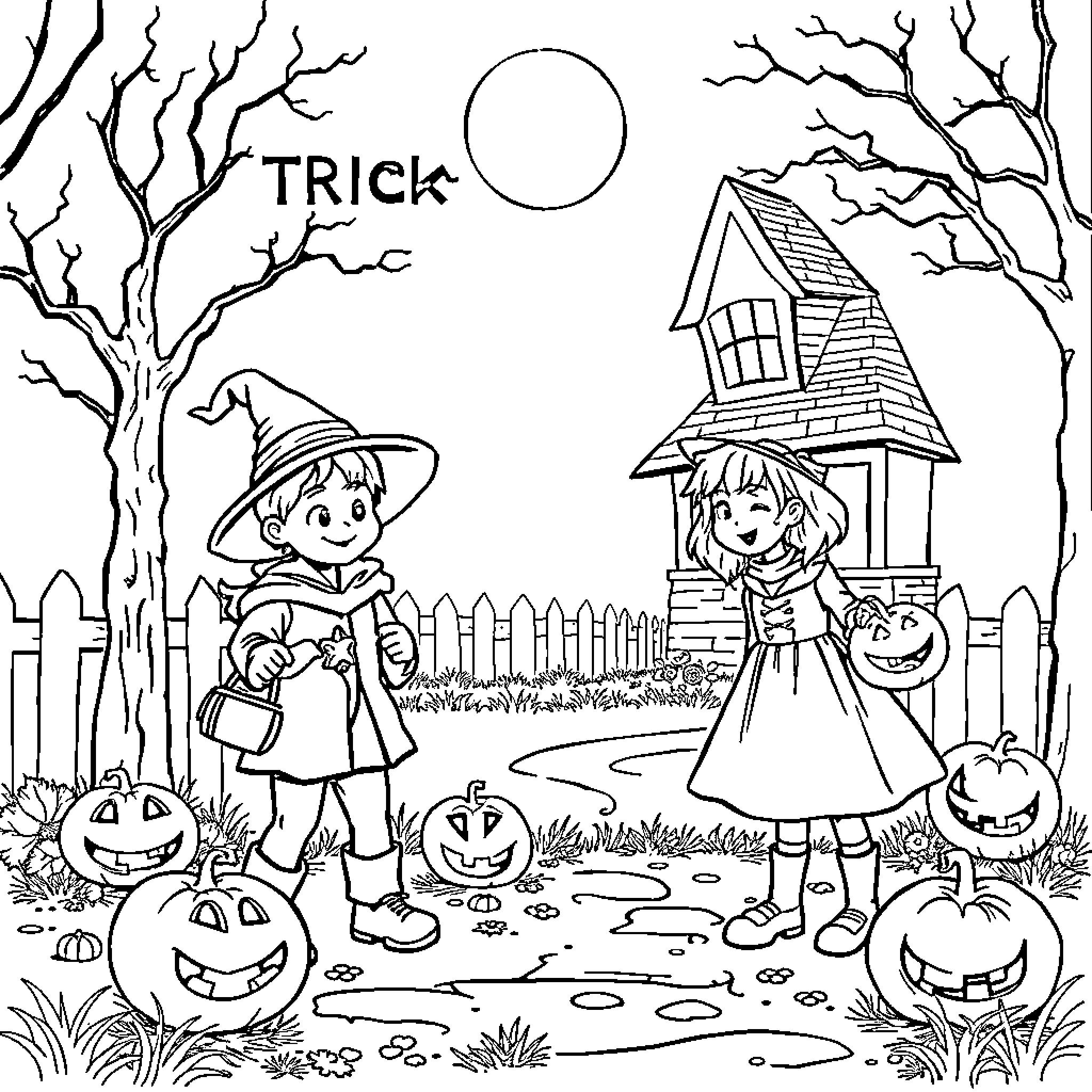 Halloween children trick-or-treating in a spooky neighborhood Coloring Page (free black-and-white line drawing printable PDF for all, from beginners to advanced learners, including children, teens, adults, and seniors)
