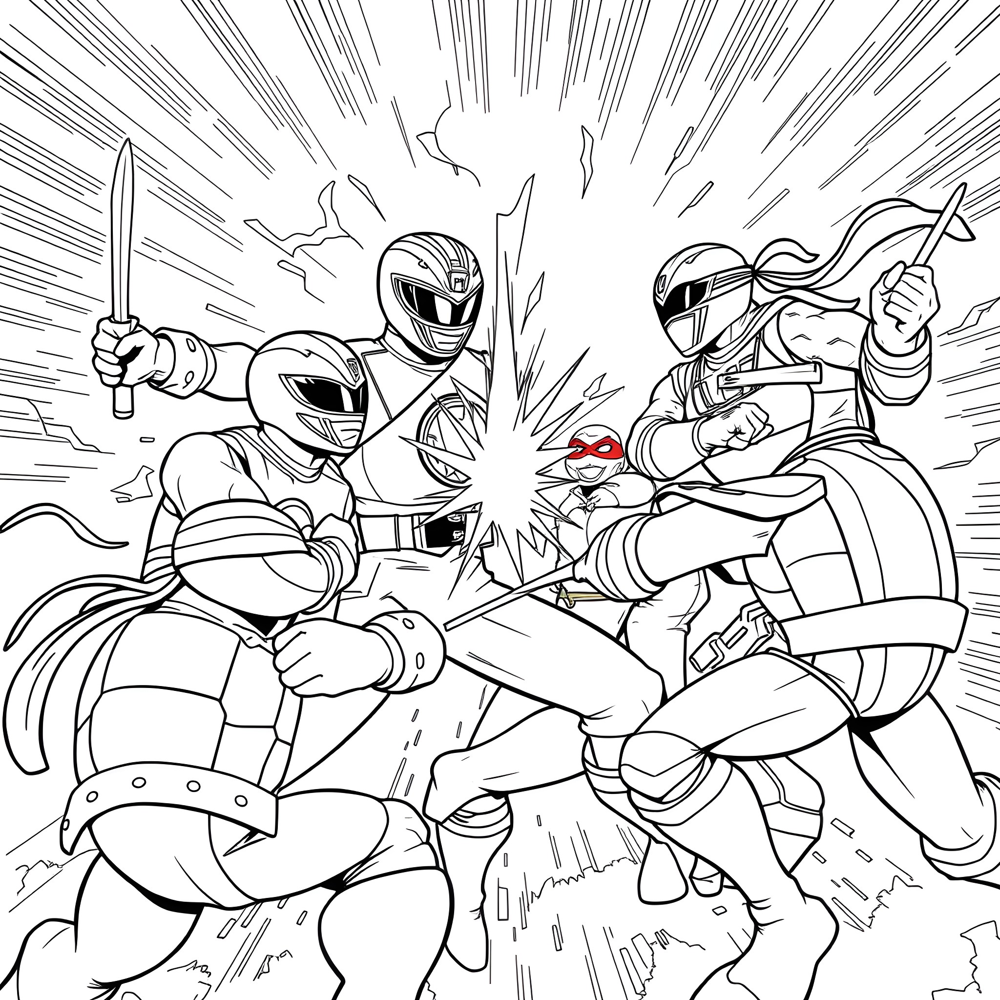 MMPR Warriors Clash in Epic Battle Coloring Page (free black-and-white line drawing printable PDF for all, from beginners to advanced learners, including children, teens, adults, and seniors)