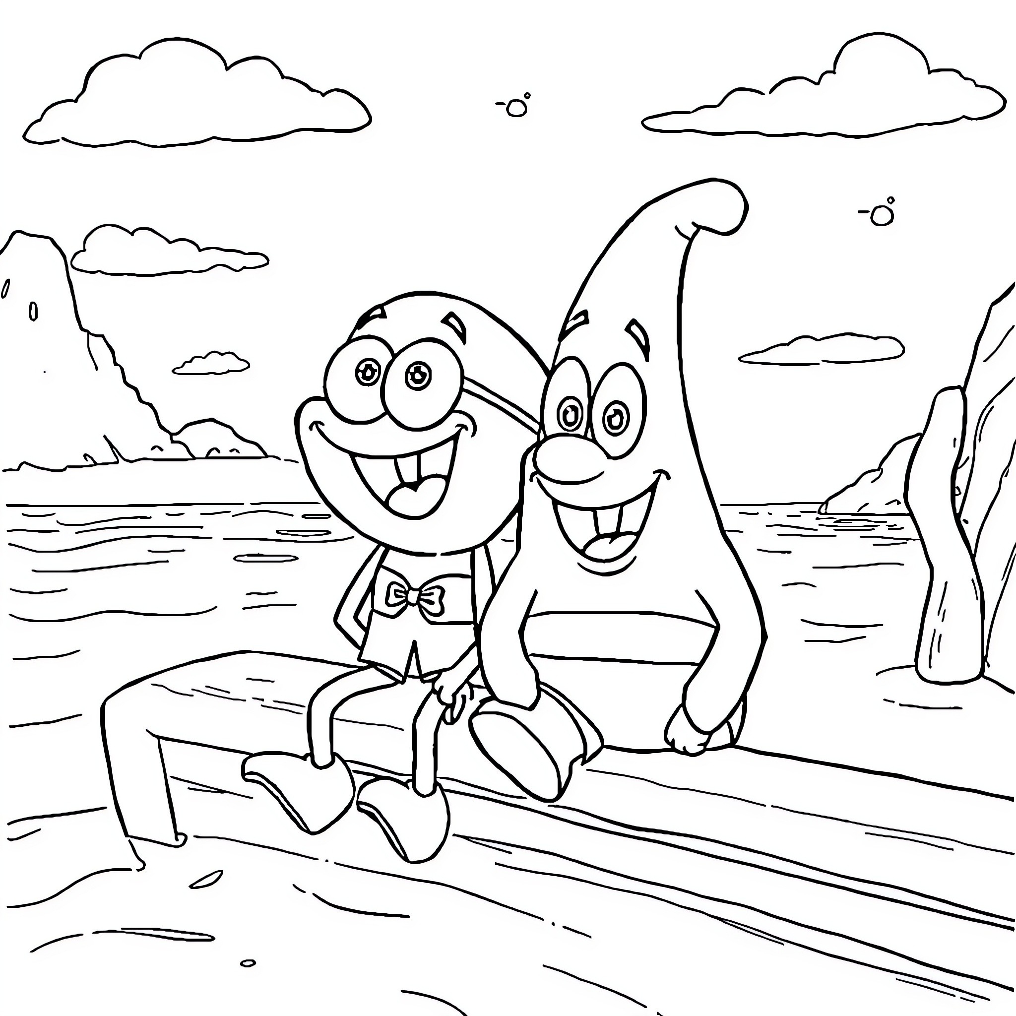 Spongebob and Patrick enjoying a sunny beach day Coloring Page (free black-and-white line drawing printable PDF for all, from beginners to advanced learners, including children, teens, adults, and seniors)