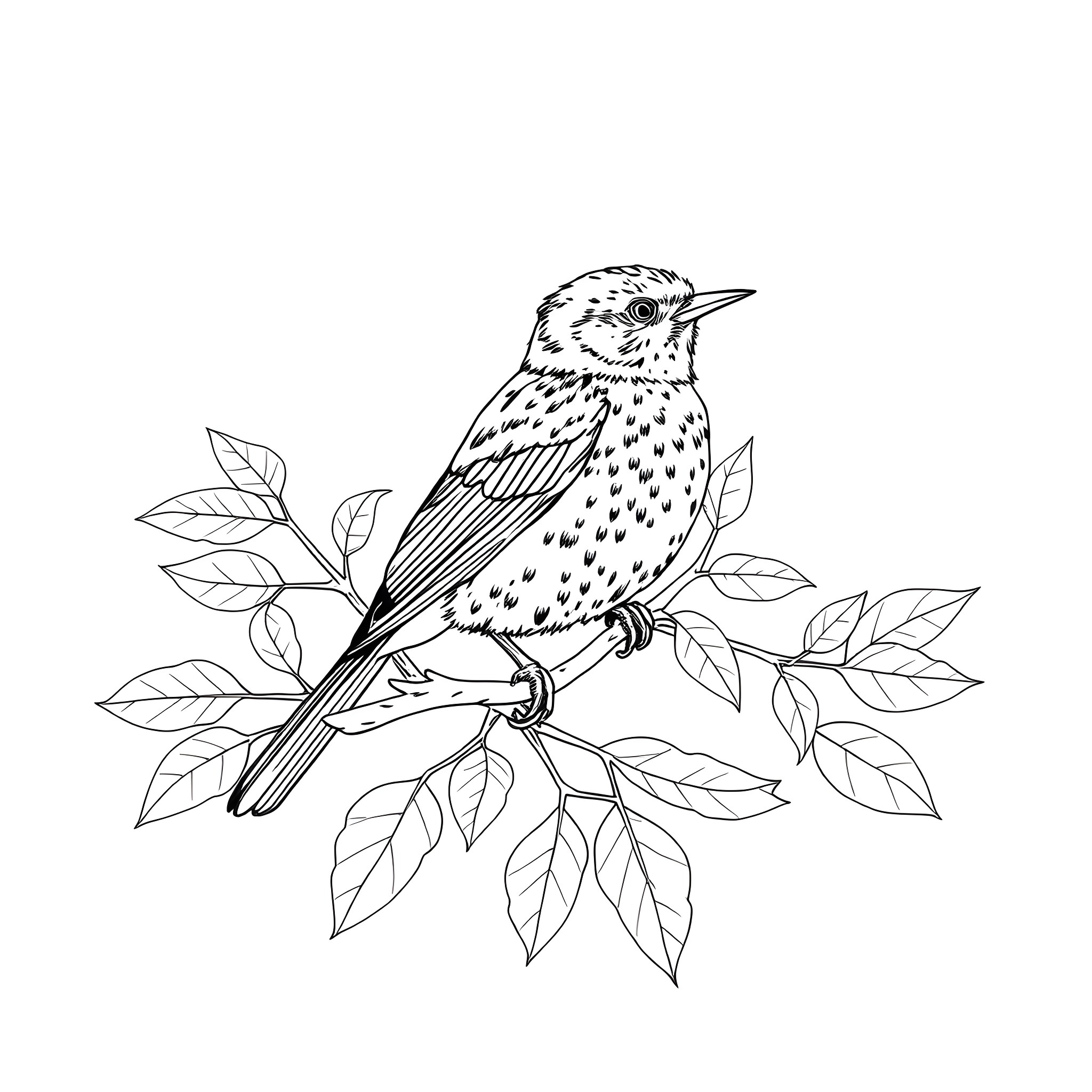 Spinus Tristis perched on leafy branch Coloring Page (free black-and-white line drawing printable PDF for all, from beginners to advanced learners, including children, teens, adults, and seniors)