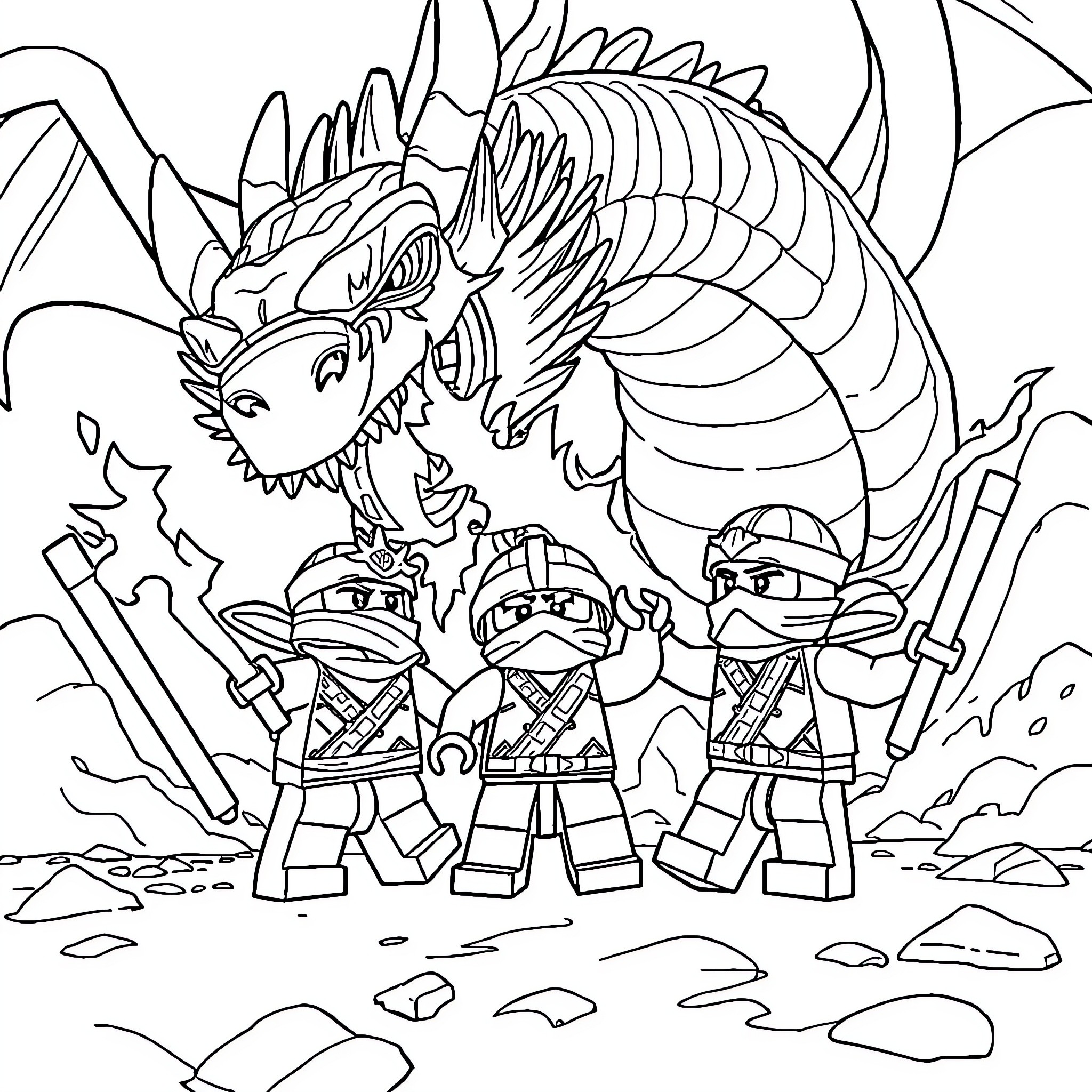 Dragon warriors battling a fierce beast Coloring Page (free black-and-white line drawing printable PDF for all, from beginners to advanced learners, including children, teens, adults, and seniors)
