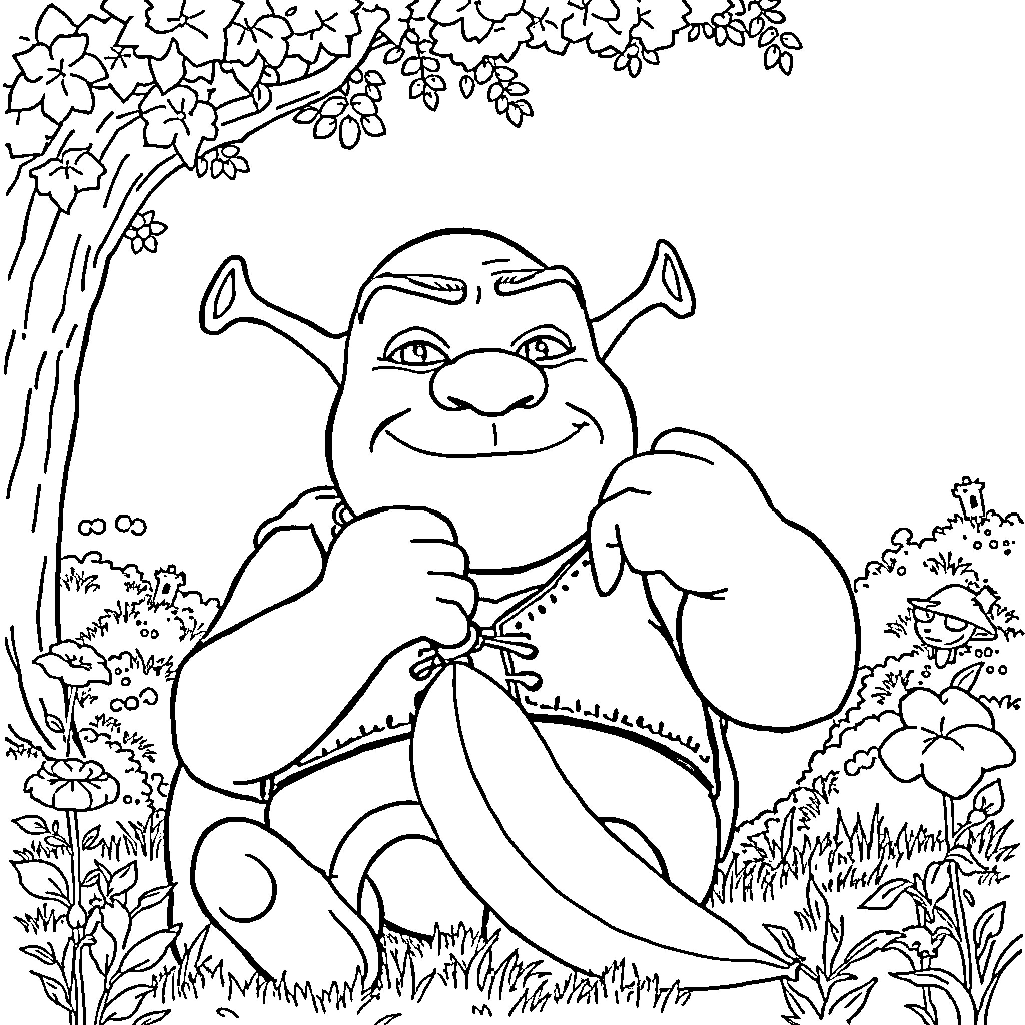 Shrek enjoying the outdoors in a cheerful nature scene Coloring Page (free black-and-white line drawing printable PDF for all, from beginners to advanced learners, including children, teens, adults, and seniors)