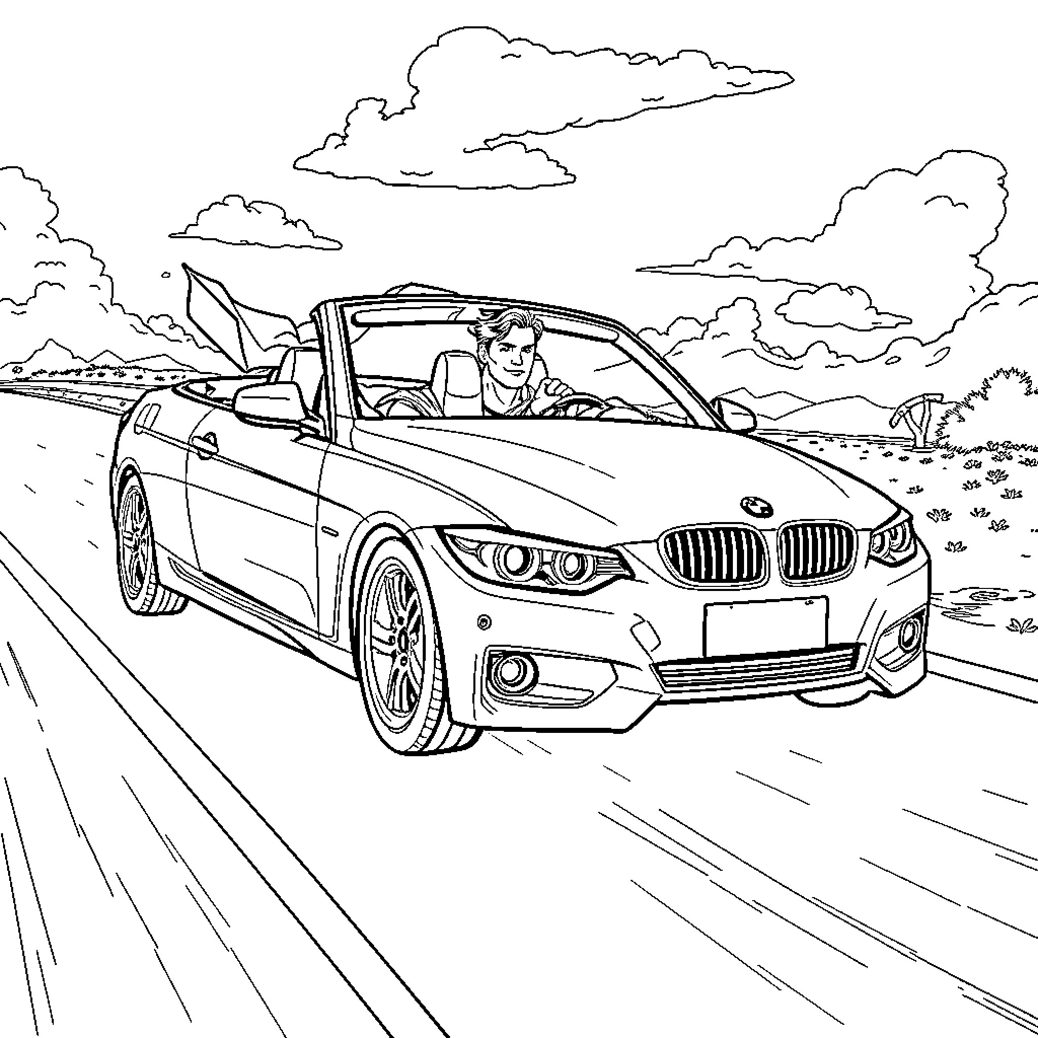 Superman driving a BMW convertible on a scenic road Coloring Page (free black-and-white line drawing printable PDF for all, from beginners to advanced learners, including children, teens, adults, and seniors)