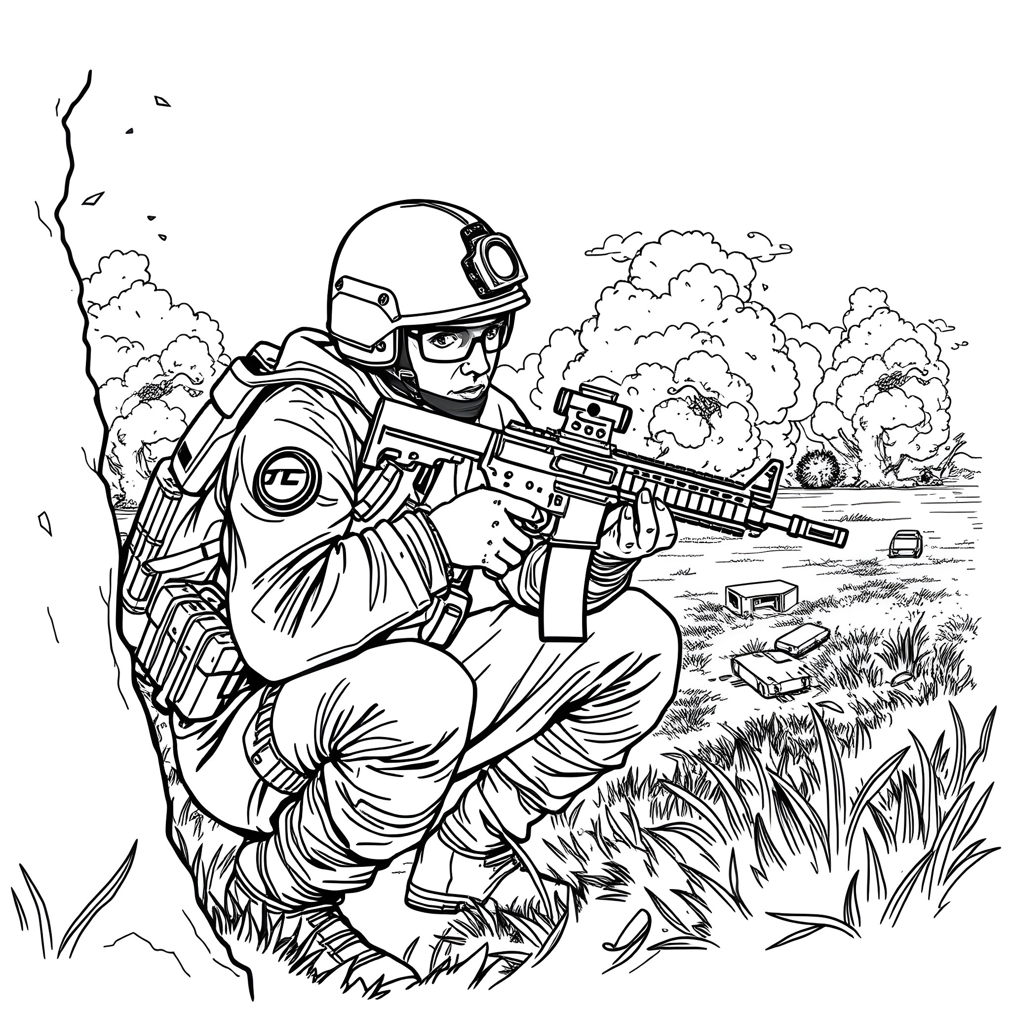 Soldier on combat mission in rugged terrain Coloring Page (free black-and-white line drawing printable PDF for all, from beginners to advanced learners, including children, teens, adults, and seniors)