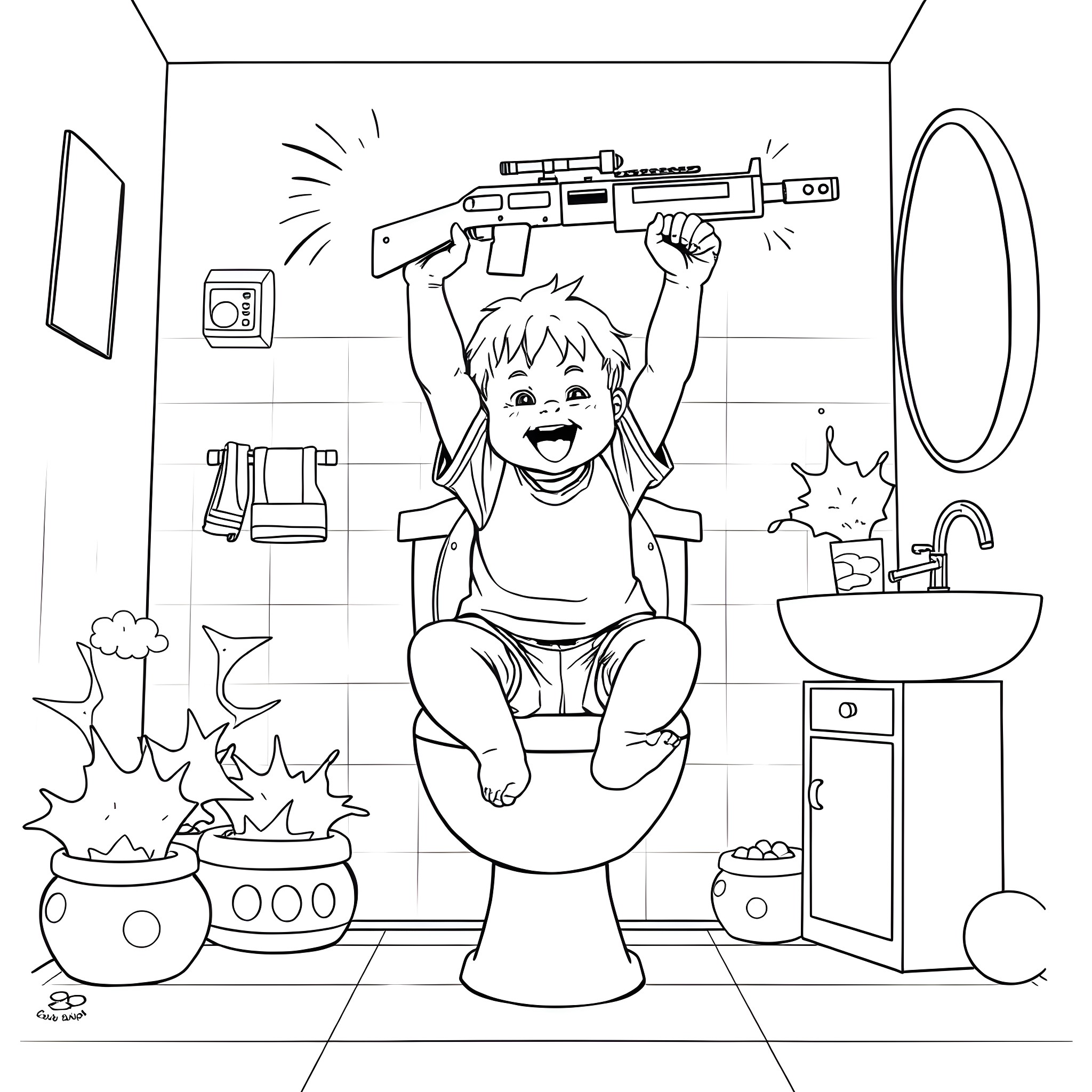 Toddler playing with toys in the bathroom Coloring Page (free black-and-white line drawing printable PDF for all, from beginners to advanced learners, including children, teens, adults, and seniors)