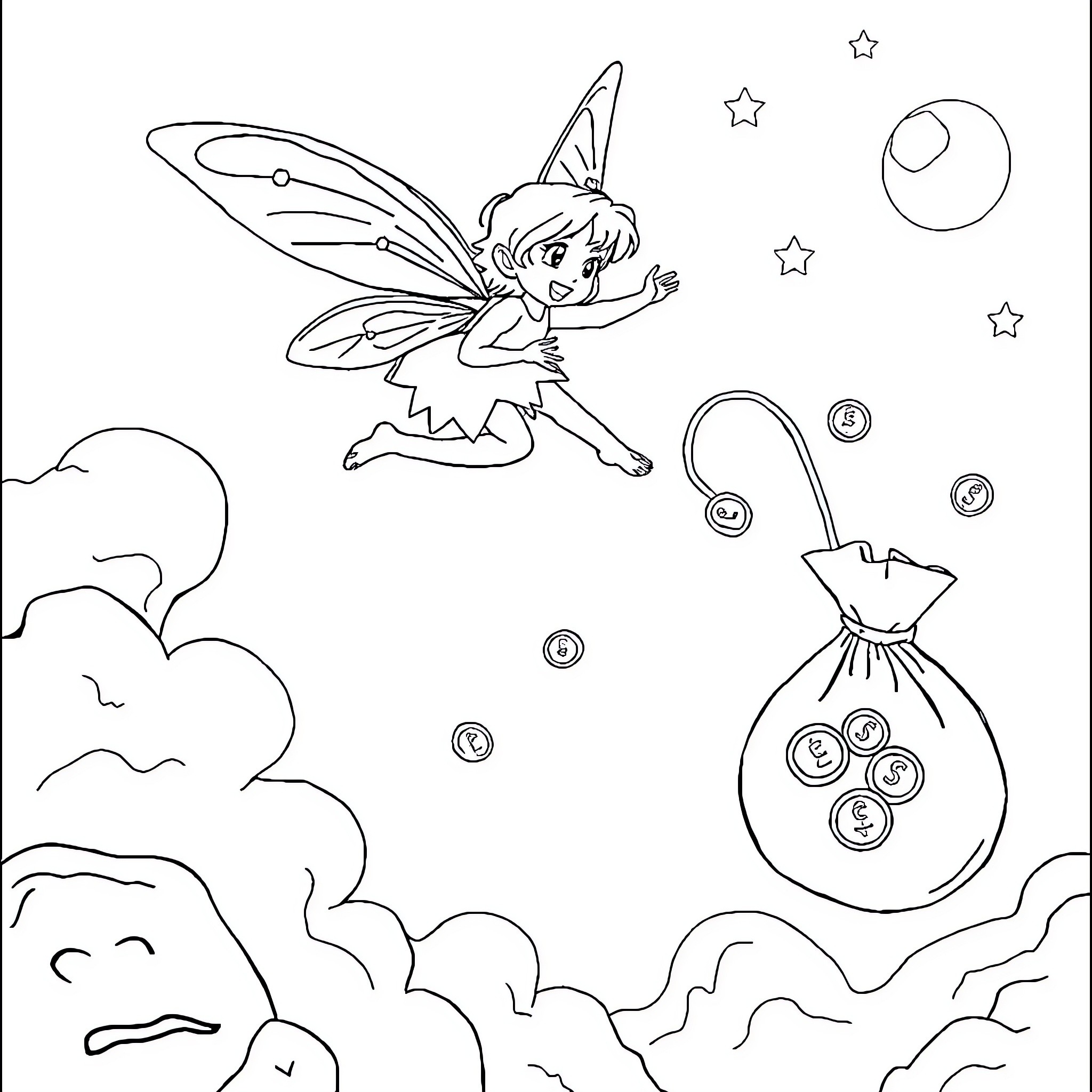 Tooth Fairy delivering coins to a happy fairy Coloring Page (free black-and-white line drawing printable PDF for all, from beginners to advanced learners, including children, teens, adults, and seniors)