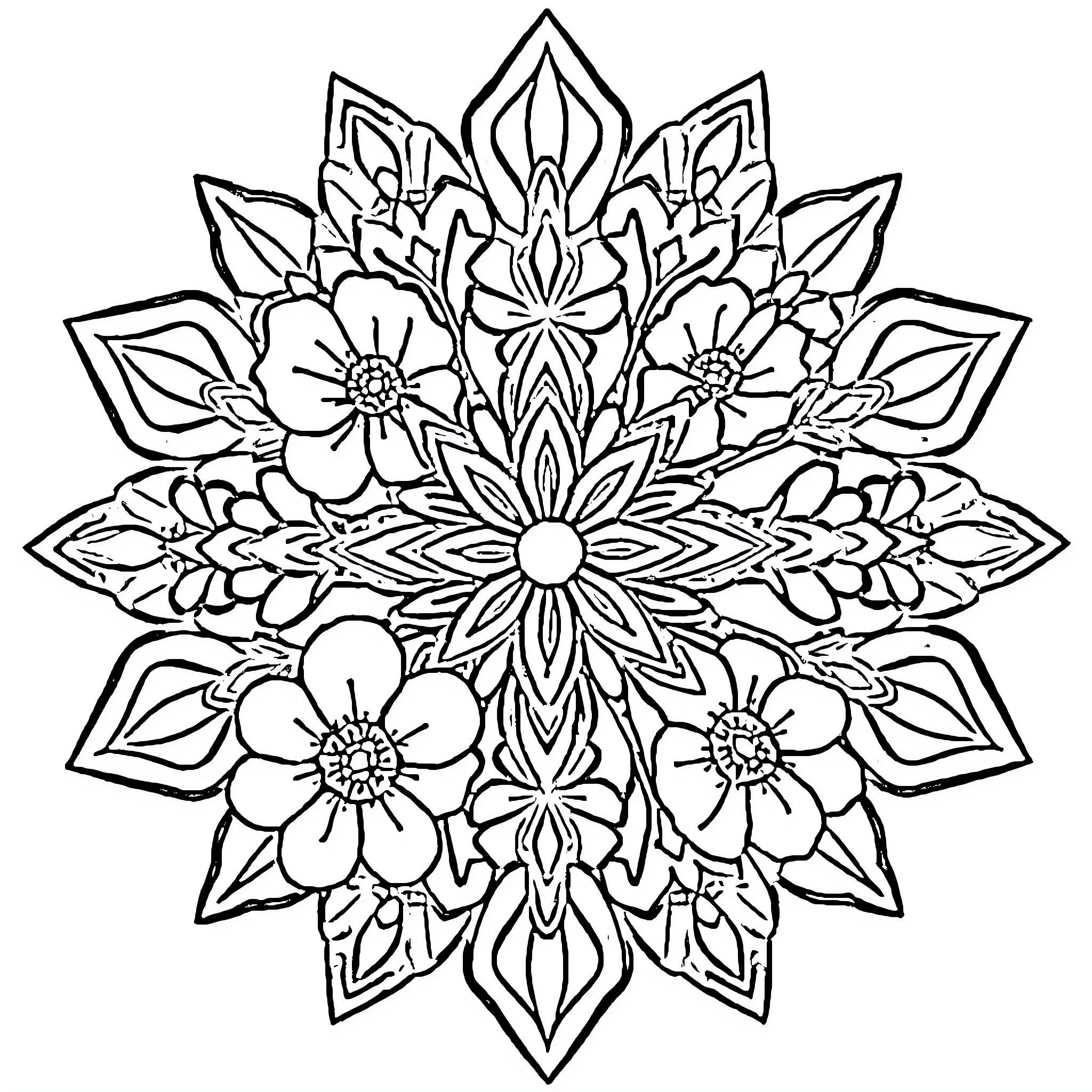 Mandala of intricate floral patterns Coloring Page (free black-and-white line drawing printable PDF for all, from beginners to advanced learners, including children, teens, adults, and seniors)