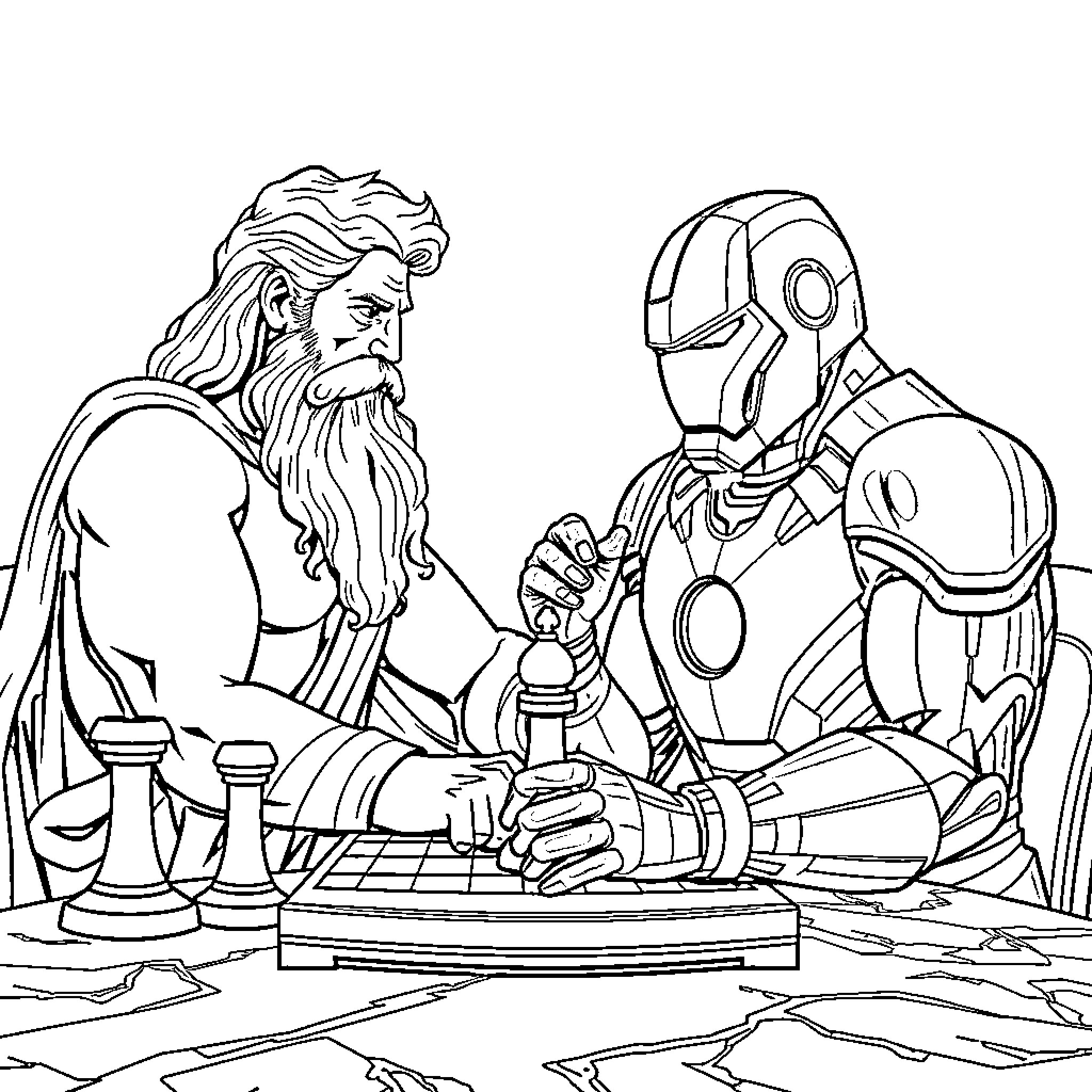 Zeus discussing plans with Iron Man in an ancient setting Coloring Page (free black-and-white line drawing printable PDF for all, from beginners to advanced learners, including children, teens, adults, and seniors)