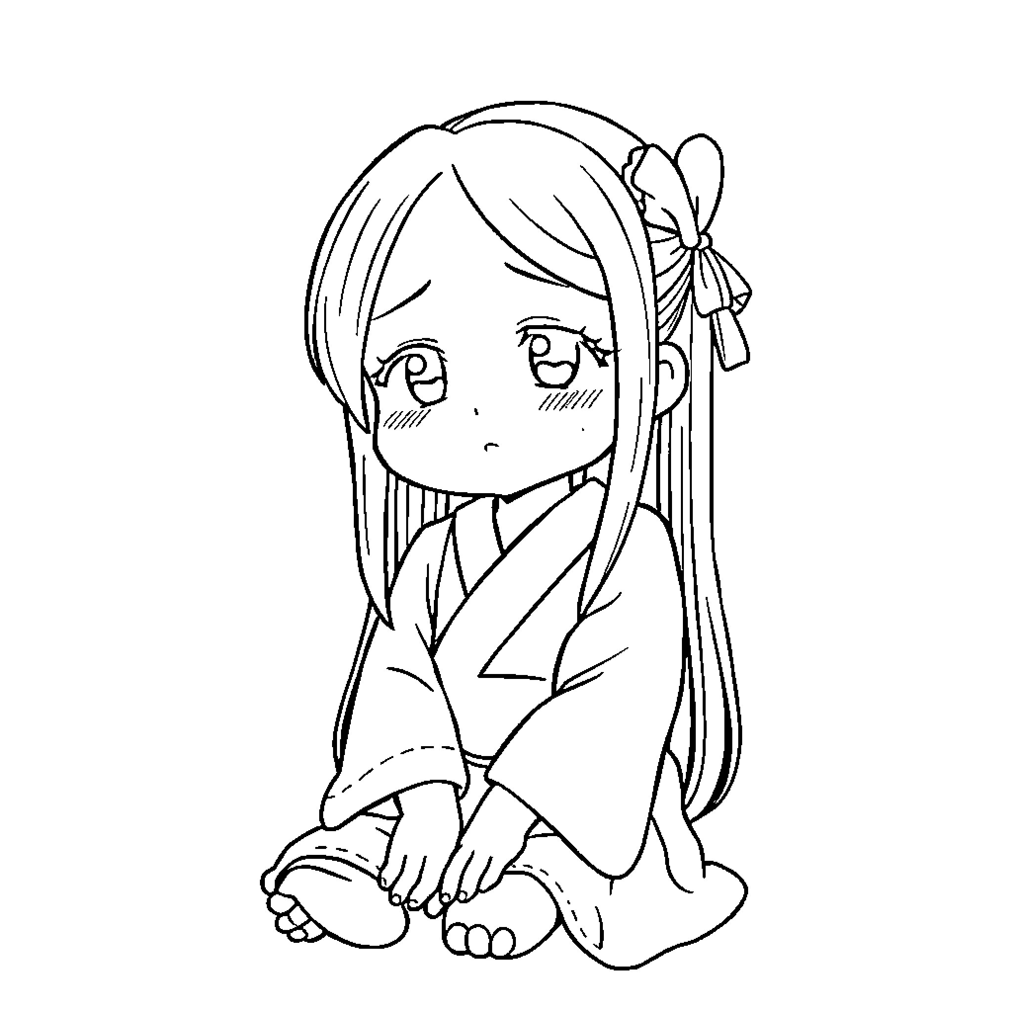 Kamado Nezuko in contemplative pose Coloring Page (free black-and-white line drawing printable PDF for all, from beginners to advanced learners, including children, teens, adults, and seniors)
