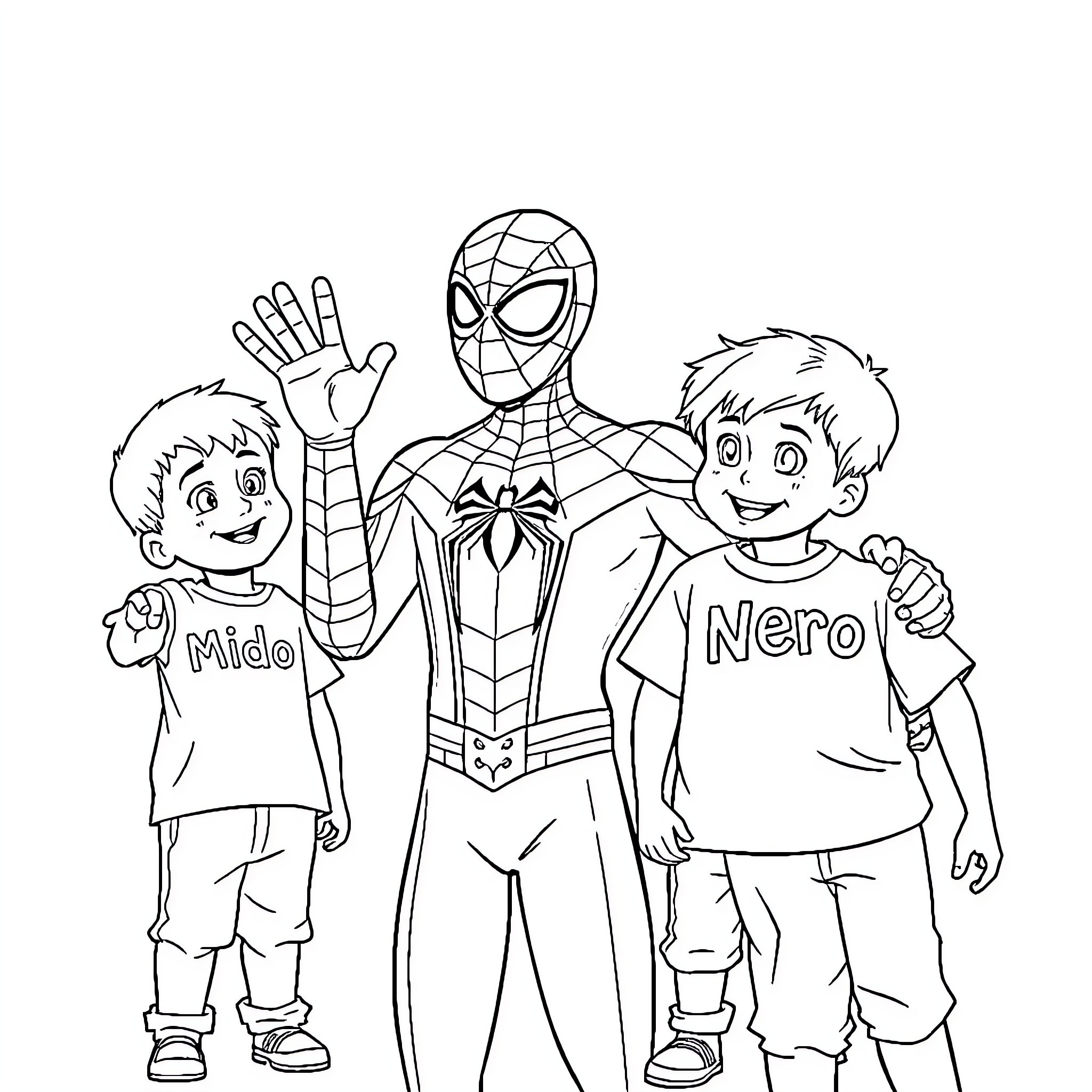 Spiderman posing with excited children Coloring Page (free black-and-white line drawing printable PDF for all, from beginners to advanced learners, including children, teens, adults, and seniors)