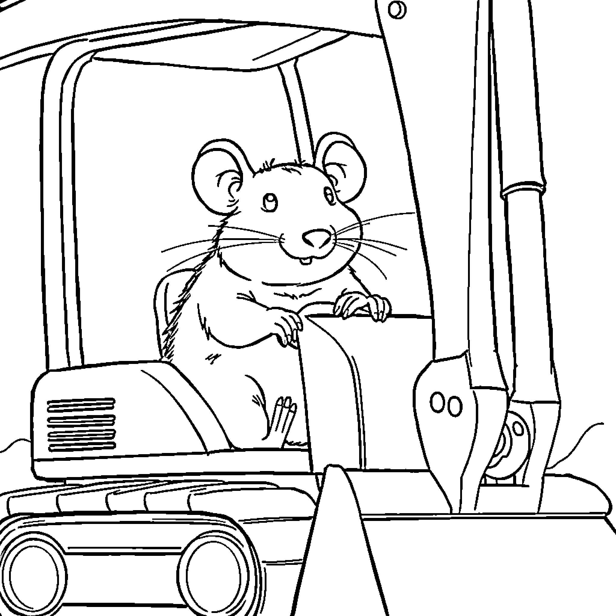 Rat operating a forklift in a warehouse Coloring Page (free black-and-white line drawing printable PDF for all, from beginners to advanced learners, including children, teens, adults, and seniors)