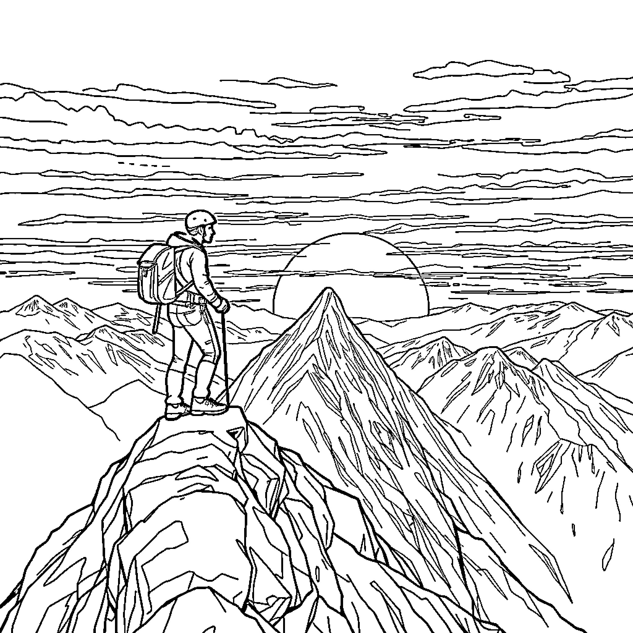 Climber atop a rugged mountain peak at sunset Coloring Page (free black-and-white line drawing printable PDF for all, from beginners to advanced learners, including children, teens, adults, and seniors)