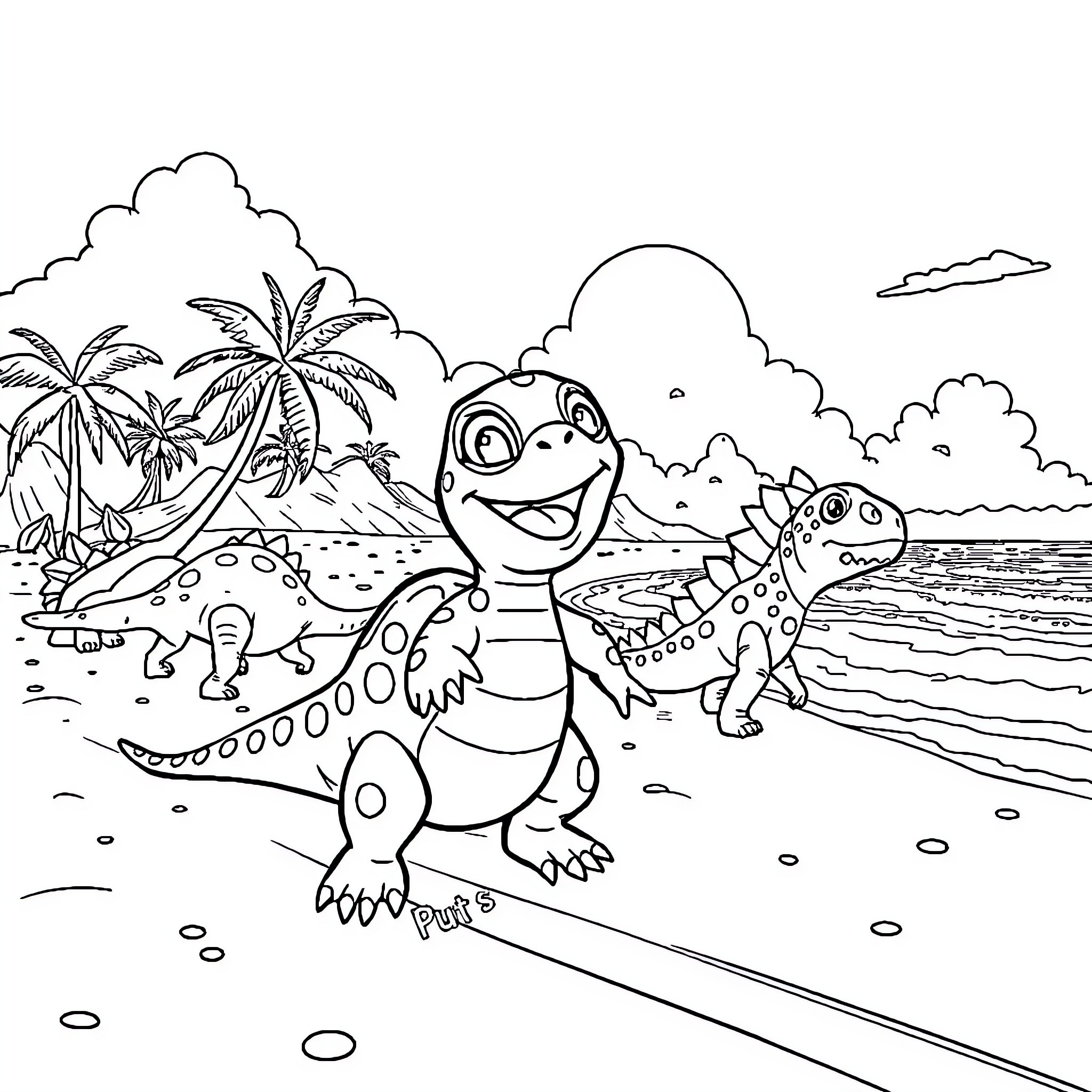 Pat'Patrouille characters explore a tropical beach scene Coloring Page (free black-and-white line drawing printable PDF for all, from beginners to advanced learners, including children, teens, adults, and seniors)