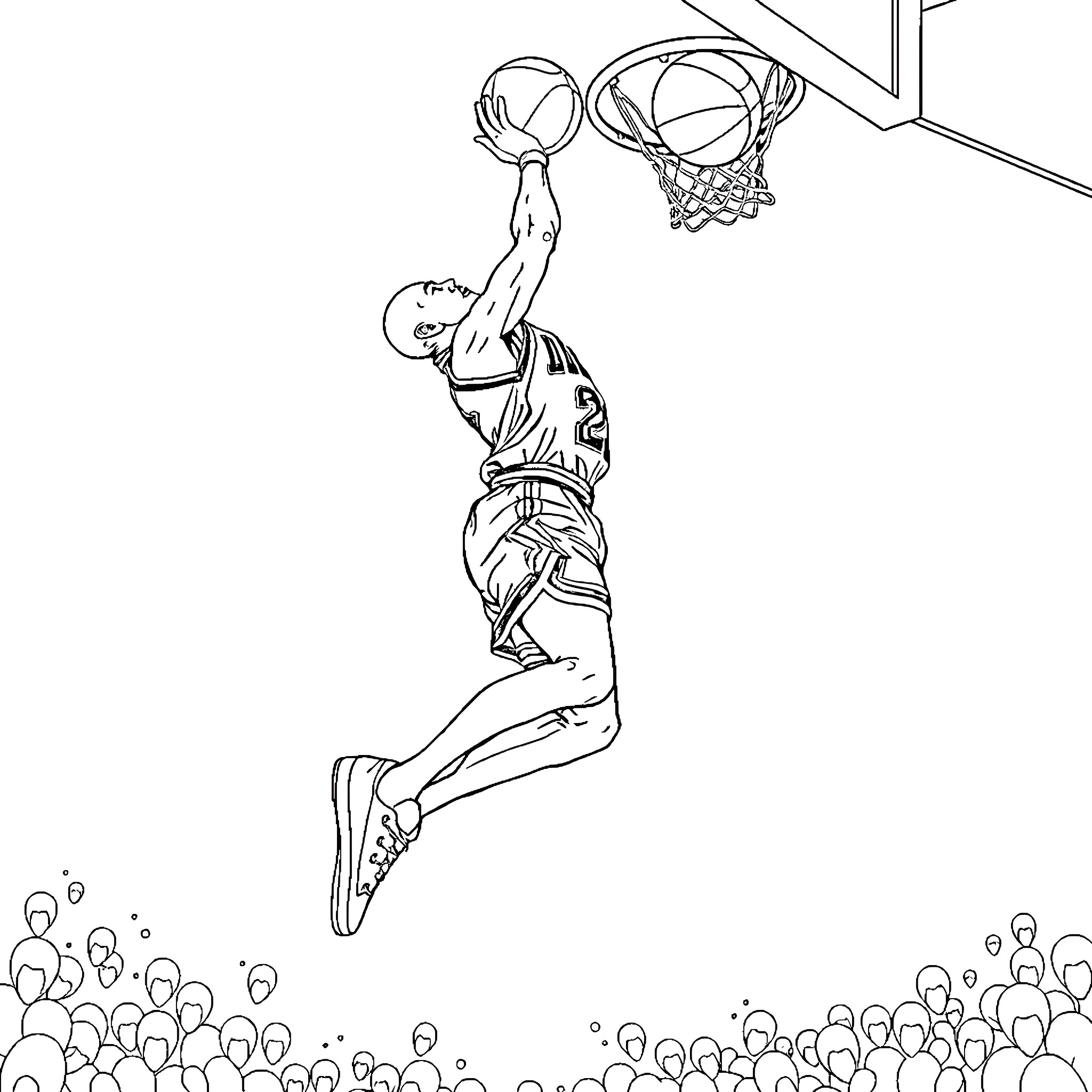 Michael Jordan soaring for a spectacular dunk Coloring Page (free black-and-white line drawing printable PDF for all, from beginners to advanced learners, including children, teens, adults, and seniors)