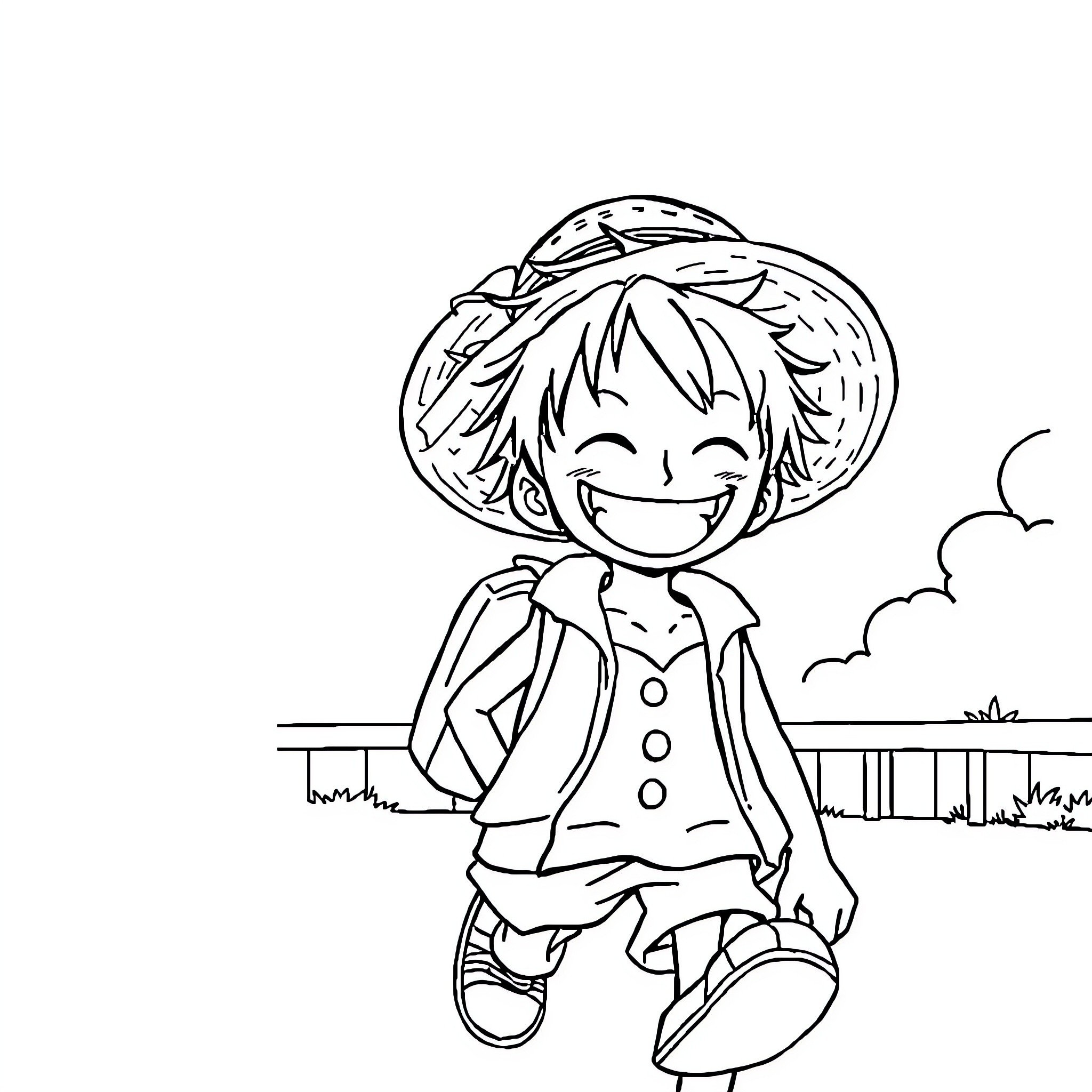 Luffy's Joyful Adventure in the Countryside Coloring Page (free black-and-white line drawing printable PDF for all, from beginners to advanced learners, including children, teens, adults, and seniors)