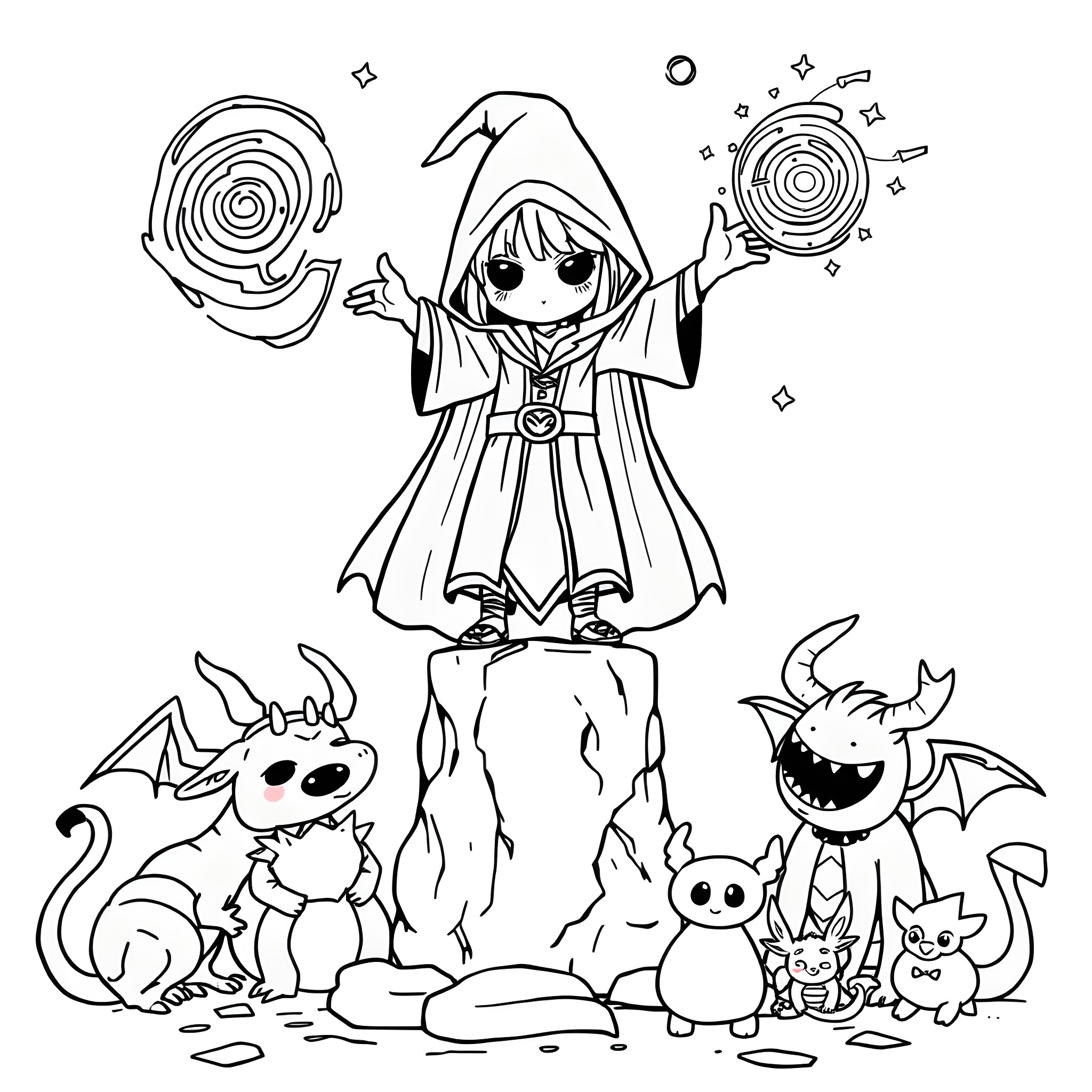 Sorcerer casting magical spells with fantastical creatures Coloring Page (free black-and-white line drawing printable PDF for all, from beginners to advanced learners, including children, teens, adults, and seniors)