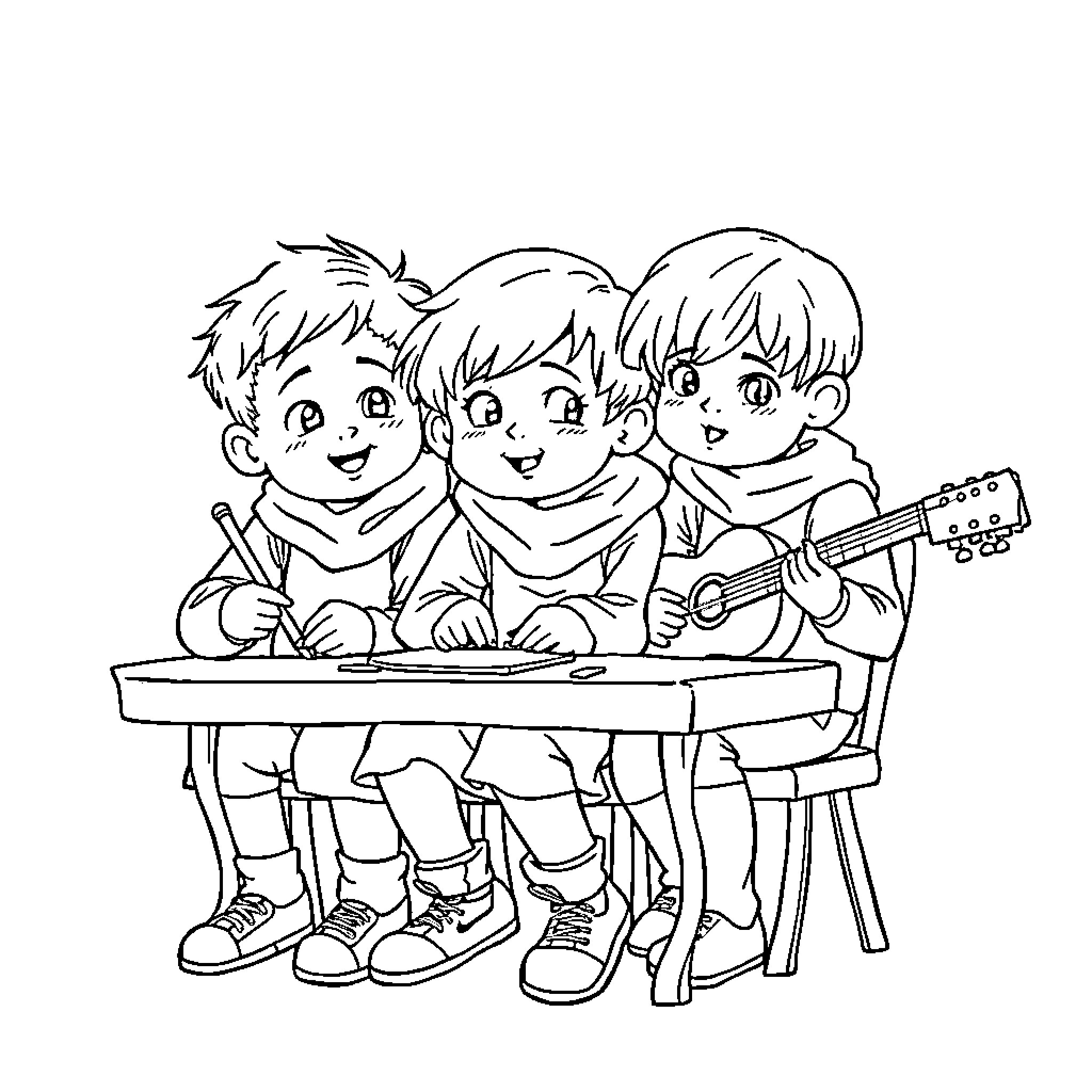 Panflute performance by three playful children Coloring Page (free black-and-white line drawing printable PDF for all, from beginners to advanced learners, including children, teens, adults, and seniors)