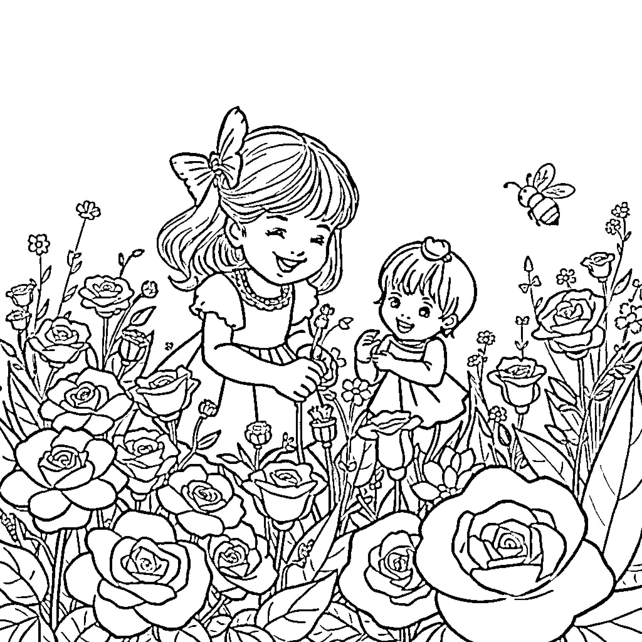 Girl Delightfully Exploring Vibrant Floral Garden Coloring Page (free black-and-white line drawing printable PDF for all, from beginners to advanced learners, including children, teens, adults, and seniors)